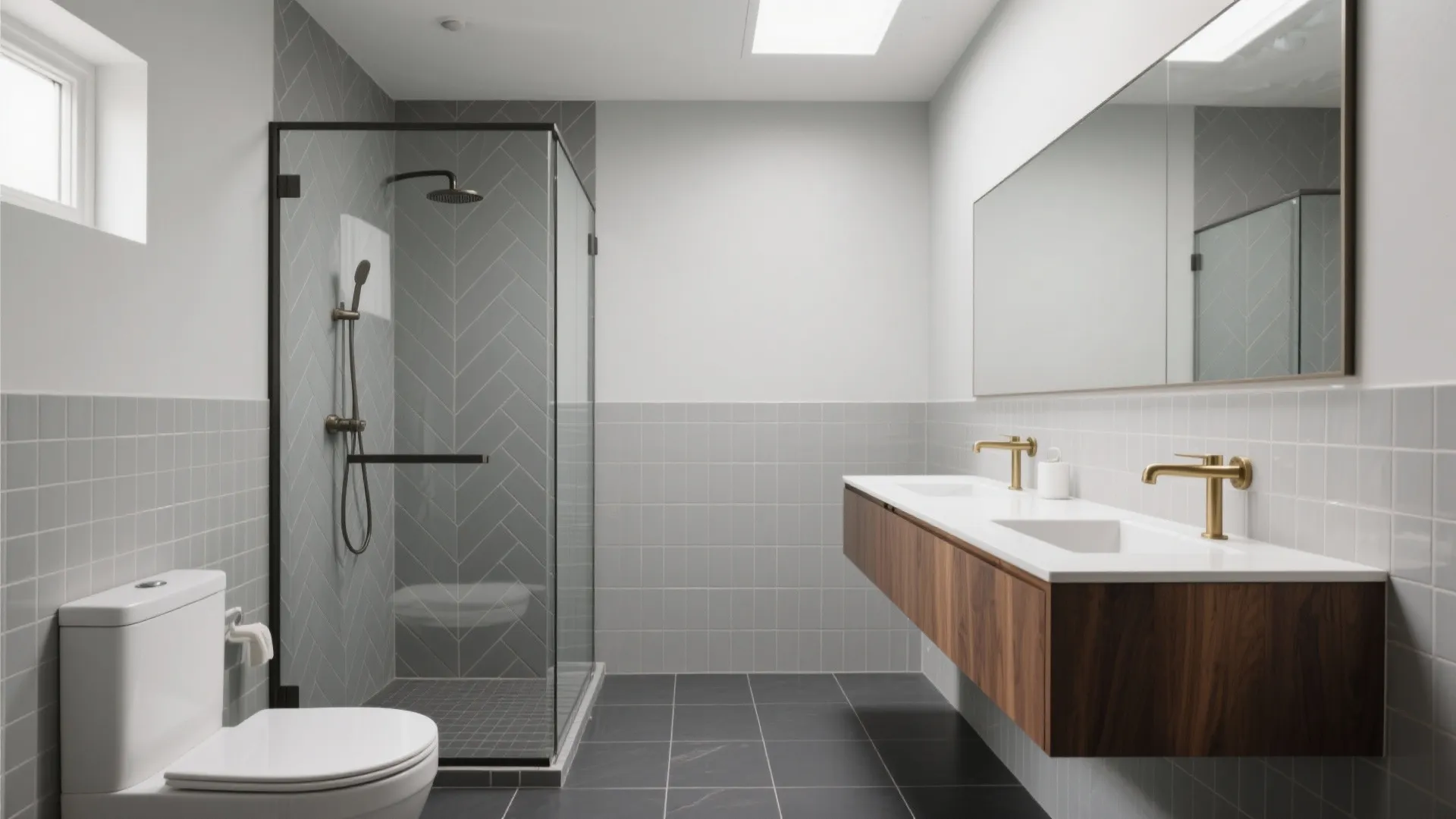 Modern bathroom with glass shower double sink wooden cabinet toilet grey floor and wall tiles design