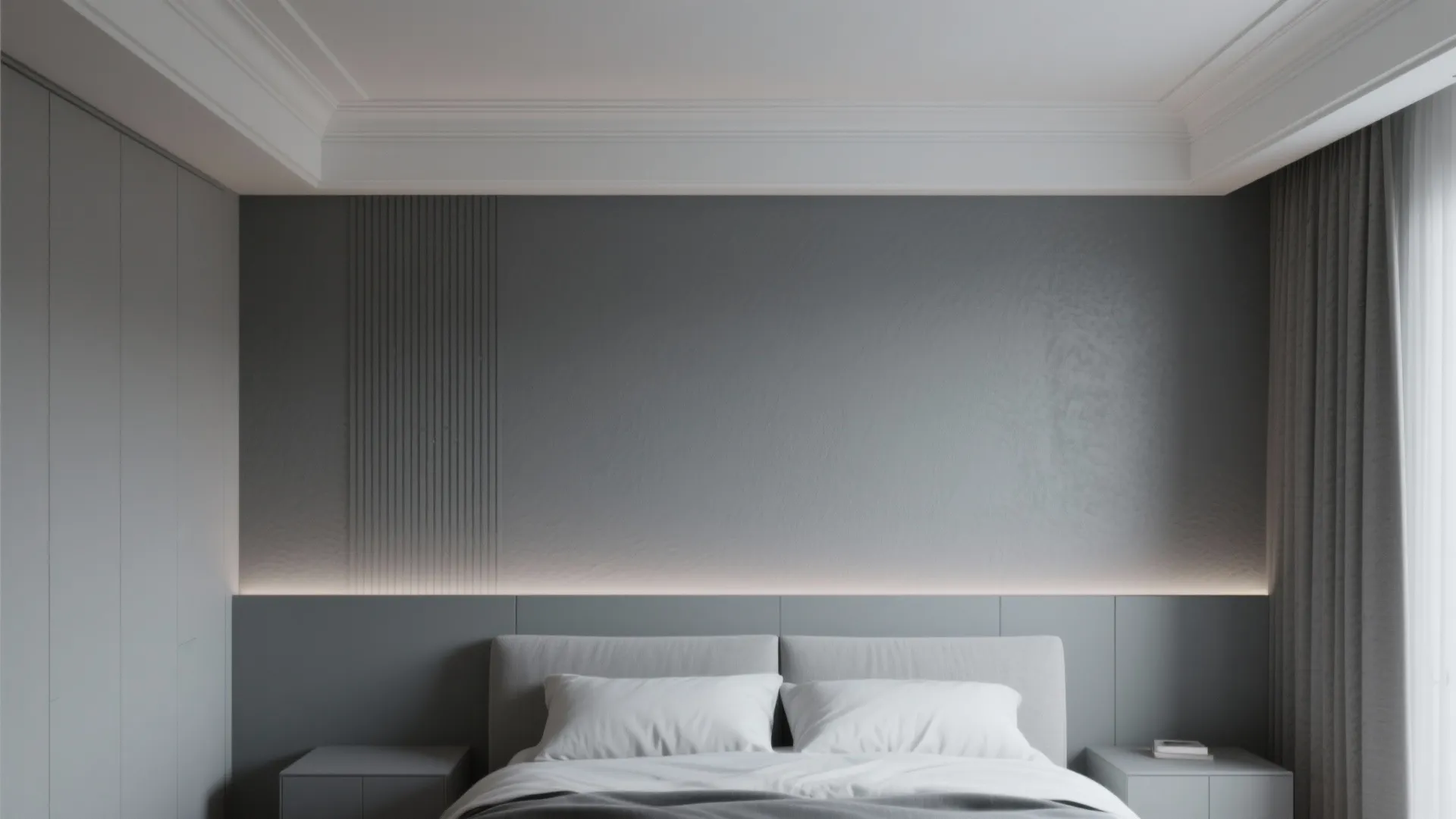 Bedroom with a lighter gray ceiling and darker walls to visually lift the room.