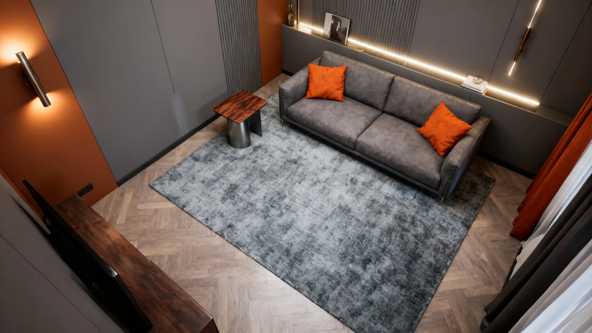 Top-down living room layout showing warm gray walls, mid-gray sofa, cool-gray rug and burnt orange accents.