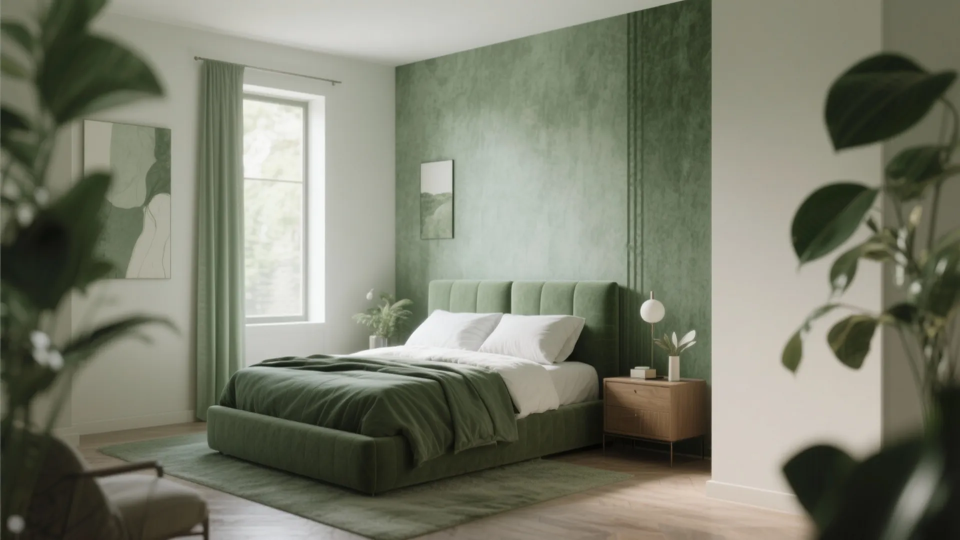 Bedroom with olive, sage, and moss green layered decor and textures