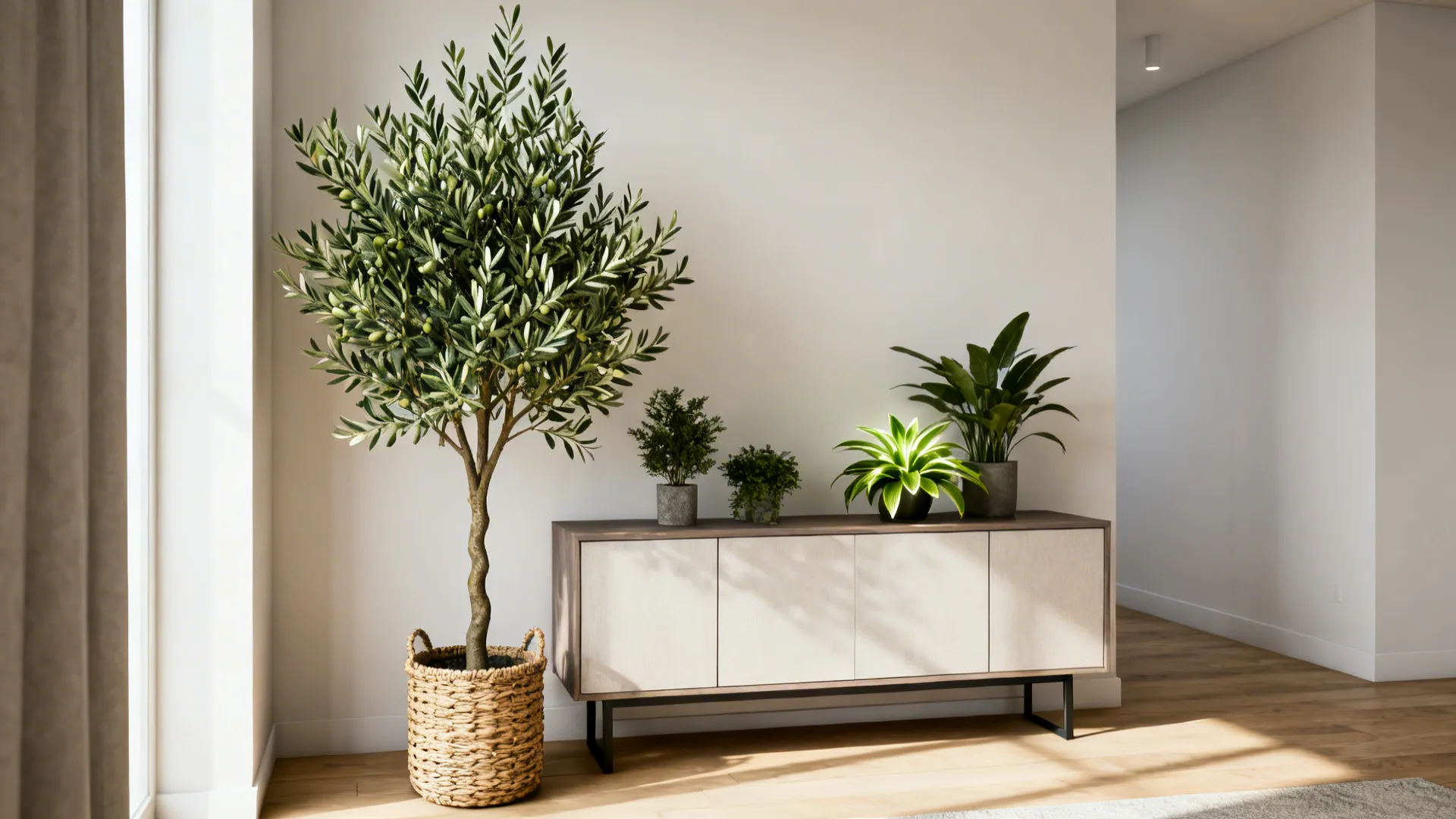 Modern interior design drawing featuring a tall potted plant beside a stylish wooden storage cabinet