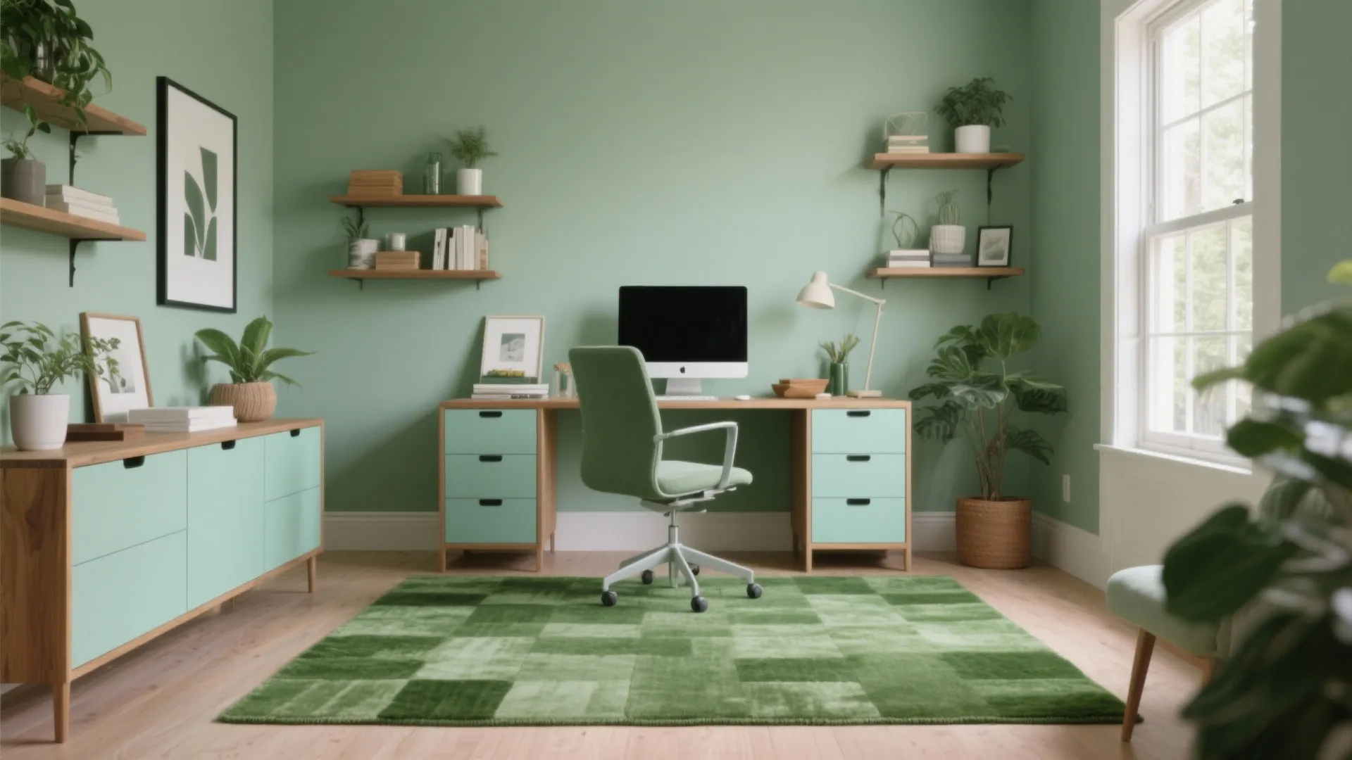 Modern home office with green walls a wooden desk green chair and a checkered rug