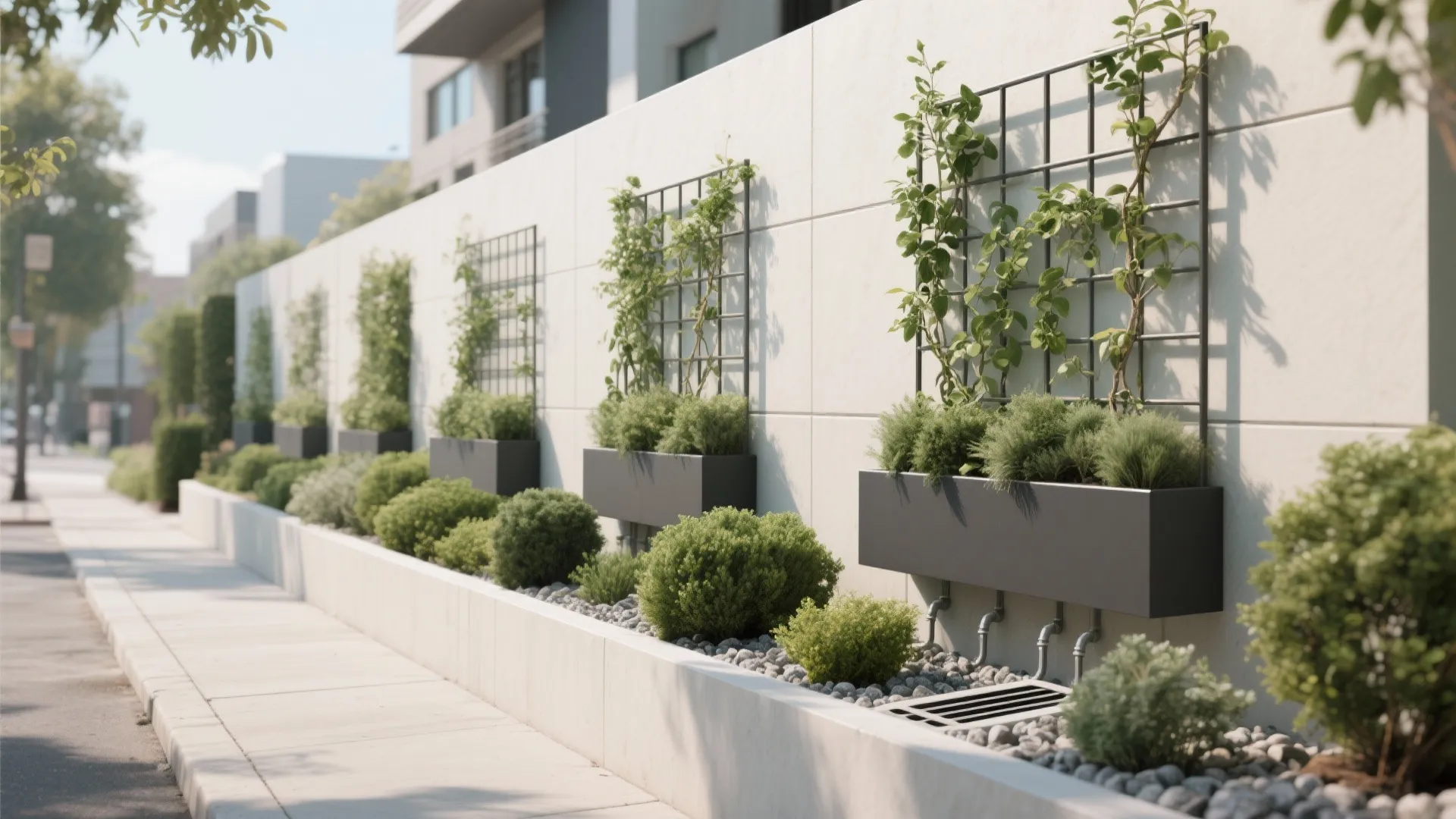 Modern outdoor wall design with black planters green climbing plants and white panels along sidewalk