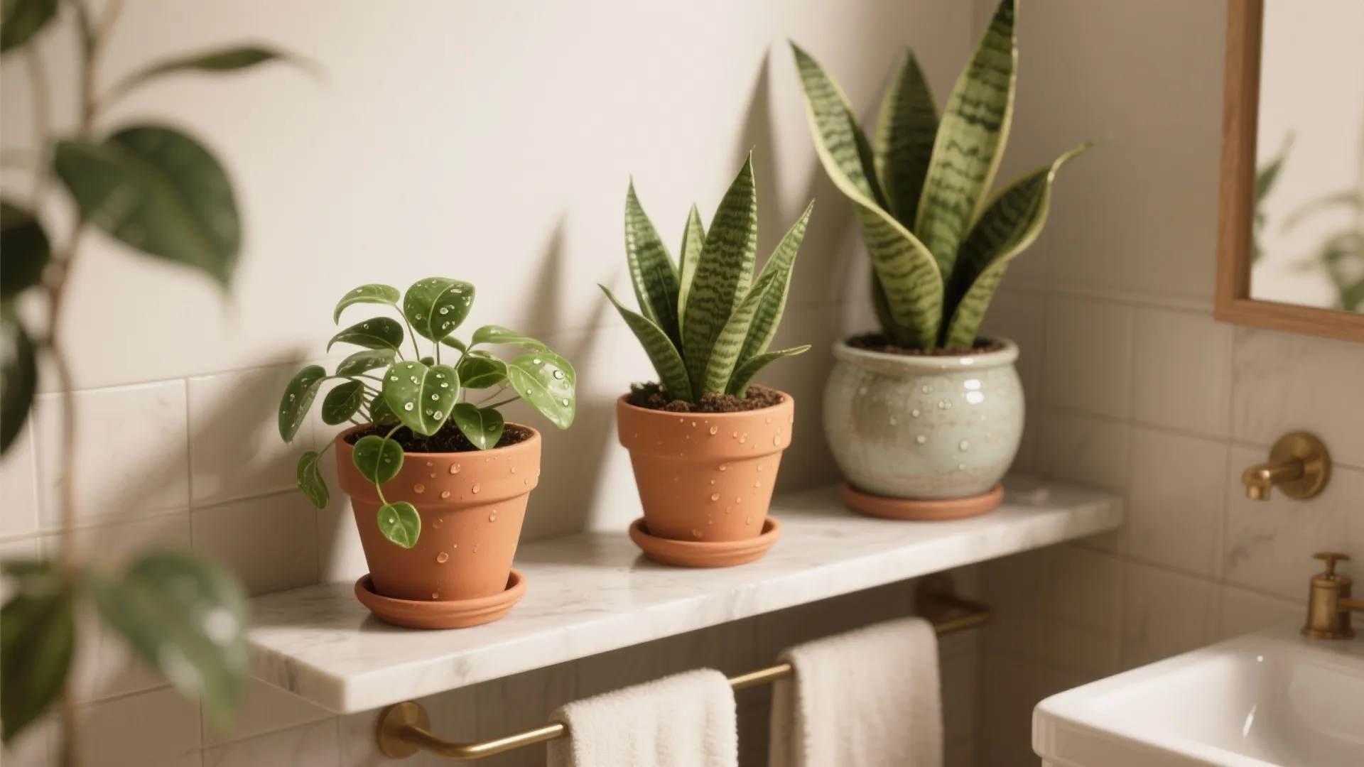 Three small green plants in pots on a marble bathroom shelf above a towel rack