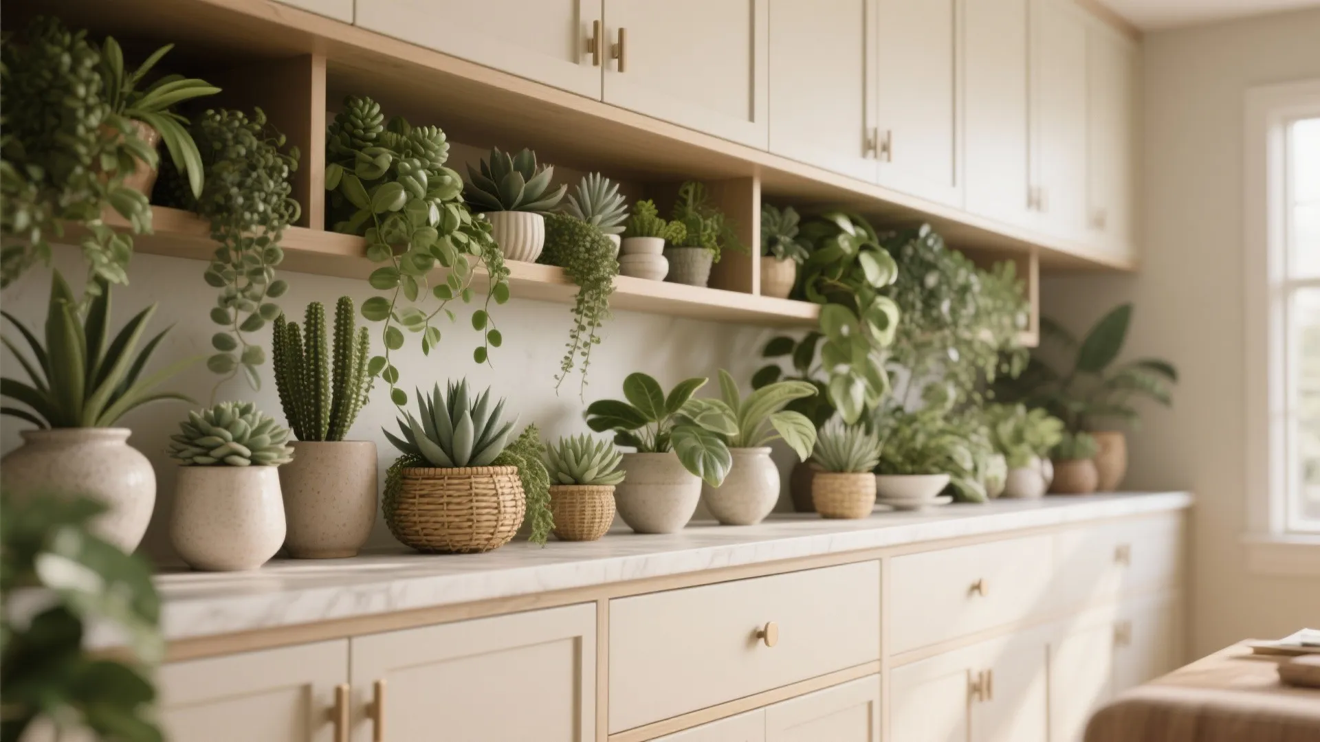 [
  {
    "url": "https://coohom-biz-sg-s3.coohom.com/ins/static/article/layered-greenery-1759986027410142000.jpg",
    "alt": "Variety of green plants in small pots on marble kitchen counter and wooden storage shelves"
  }
]
