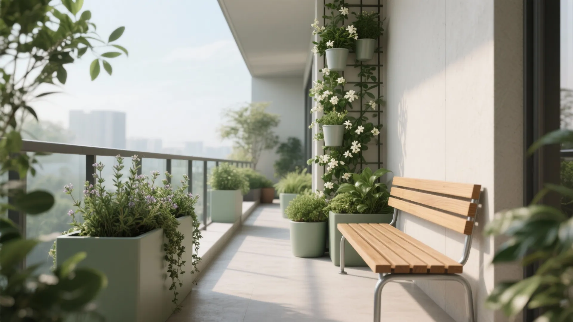 Modern narrow balcony featuring wooden bench potted green plants white wall flowers and glass railing design