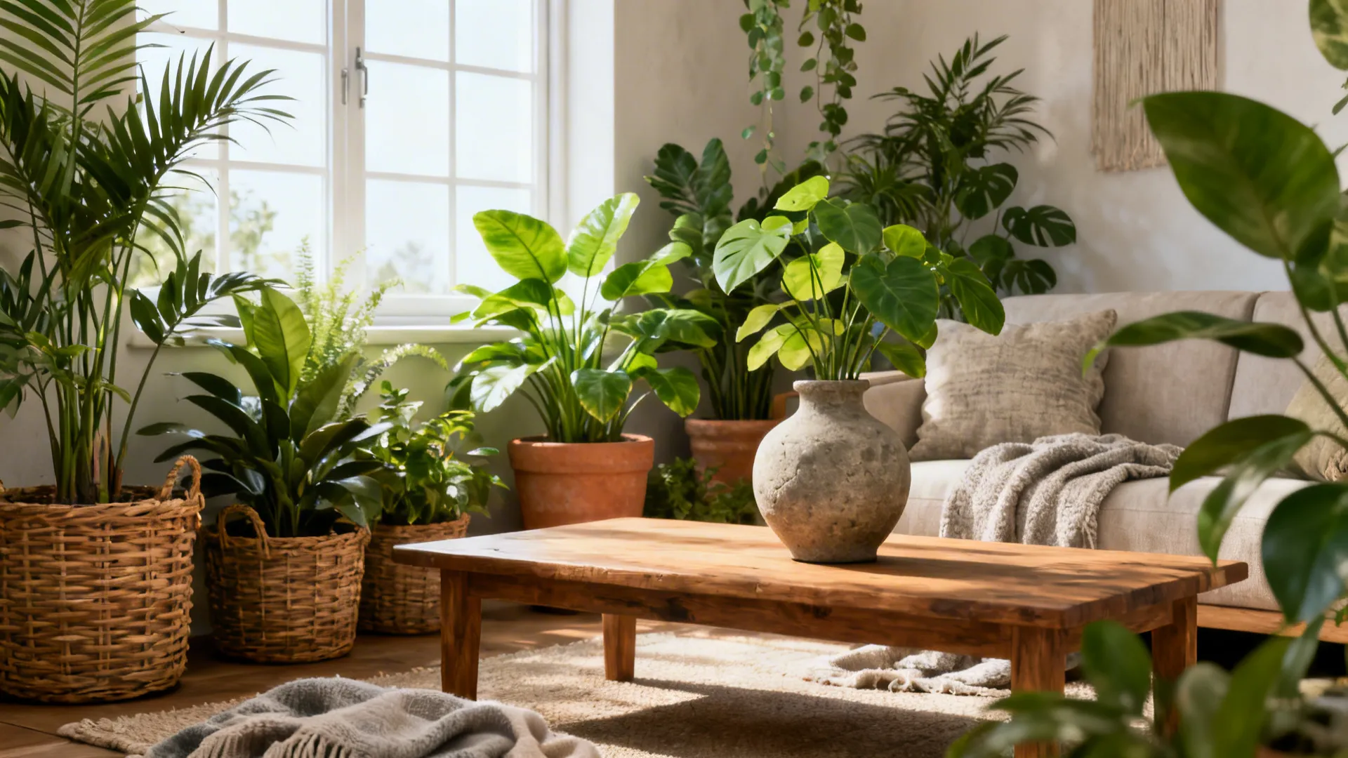 Assorted potted plants in wicker baskets and clay pots adding texture to a rustic living room.