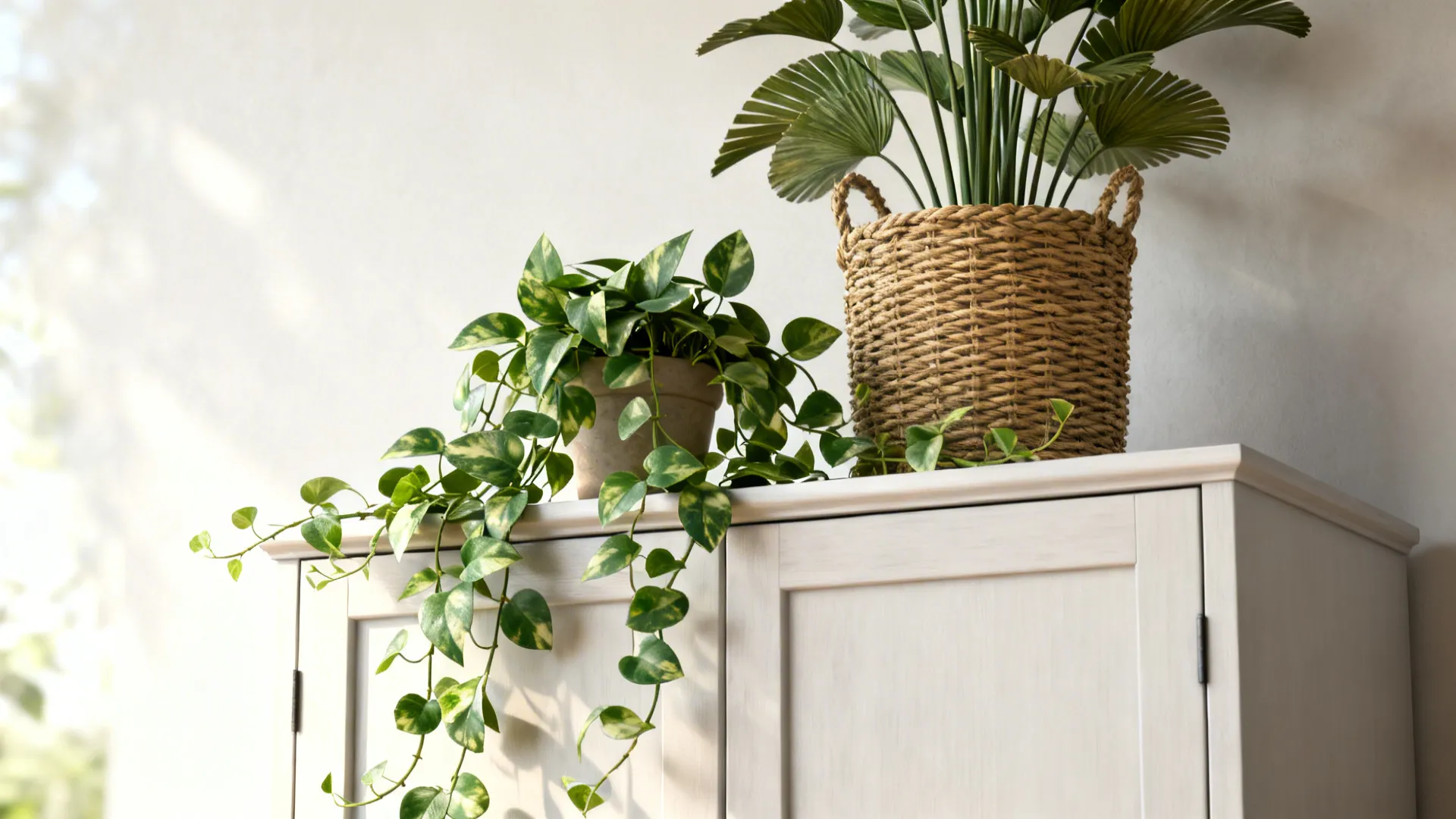 Green plants in a pot and basket sitting on top of a white wooden cabinet