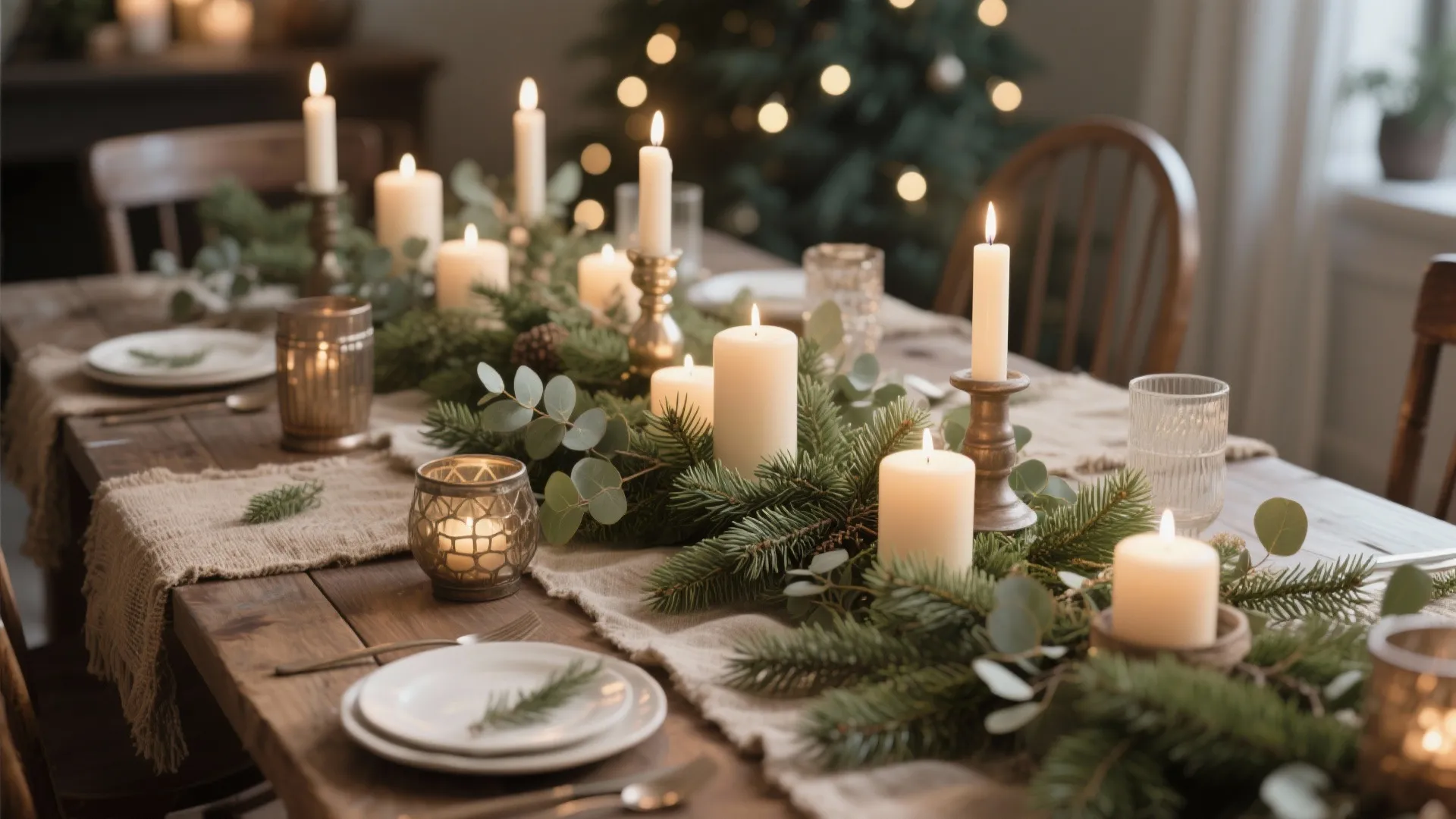 Dining table centerpiece with pine and eucalyptus greenery and candles