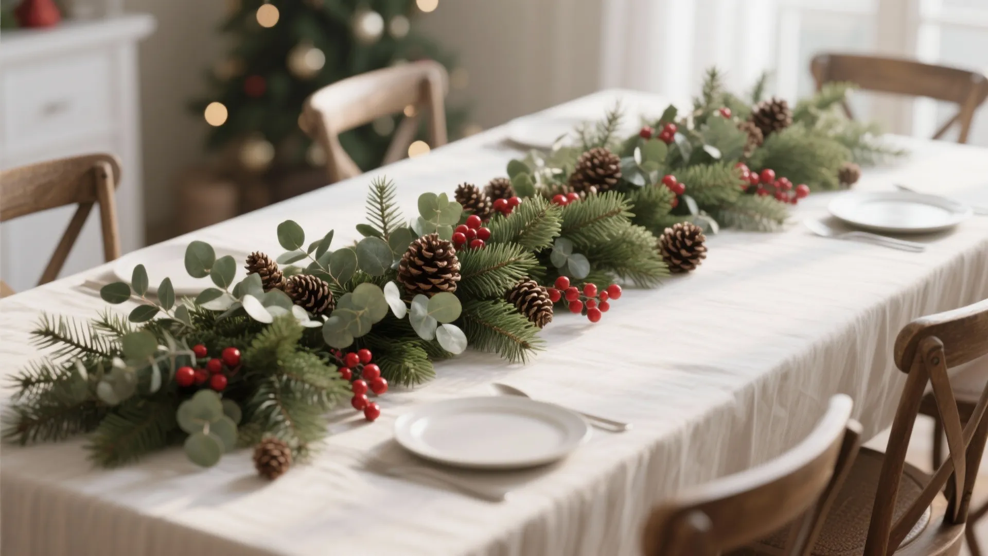 Long wooden dining table decorated with green plant garland pine cones and red winter berries