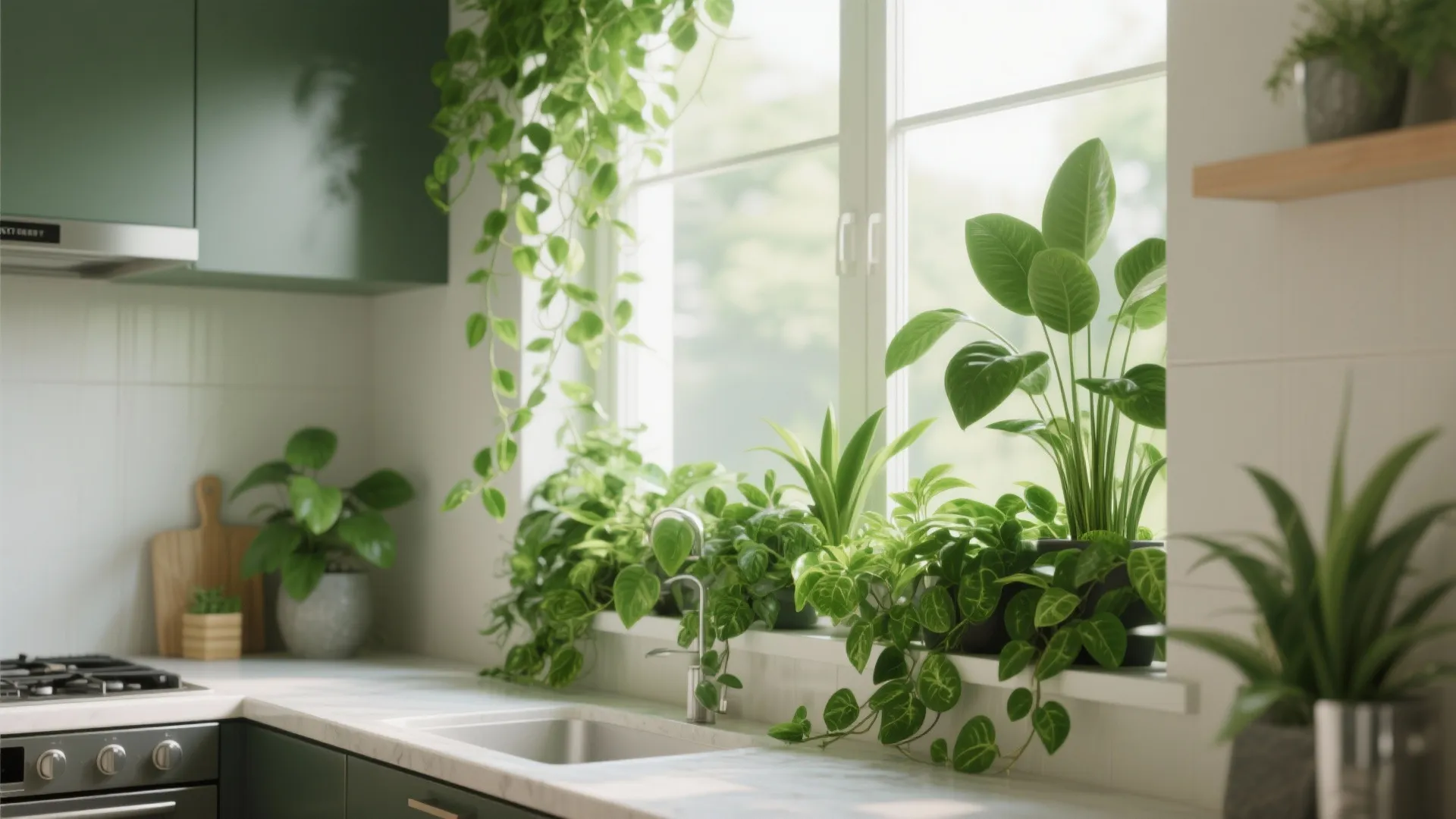 Modern green kitchen with white tiles sink area and many indoor plants decorating the window sill