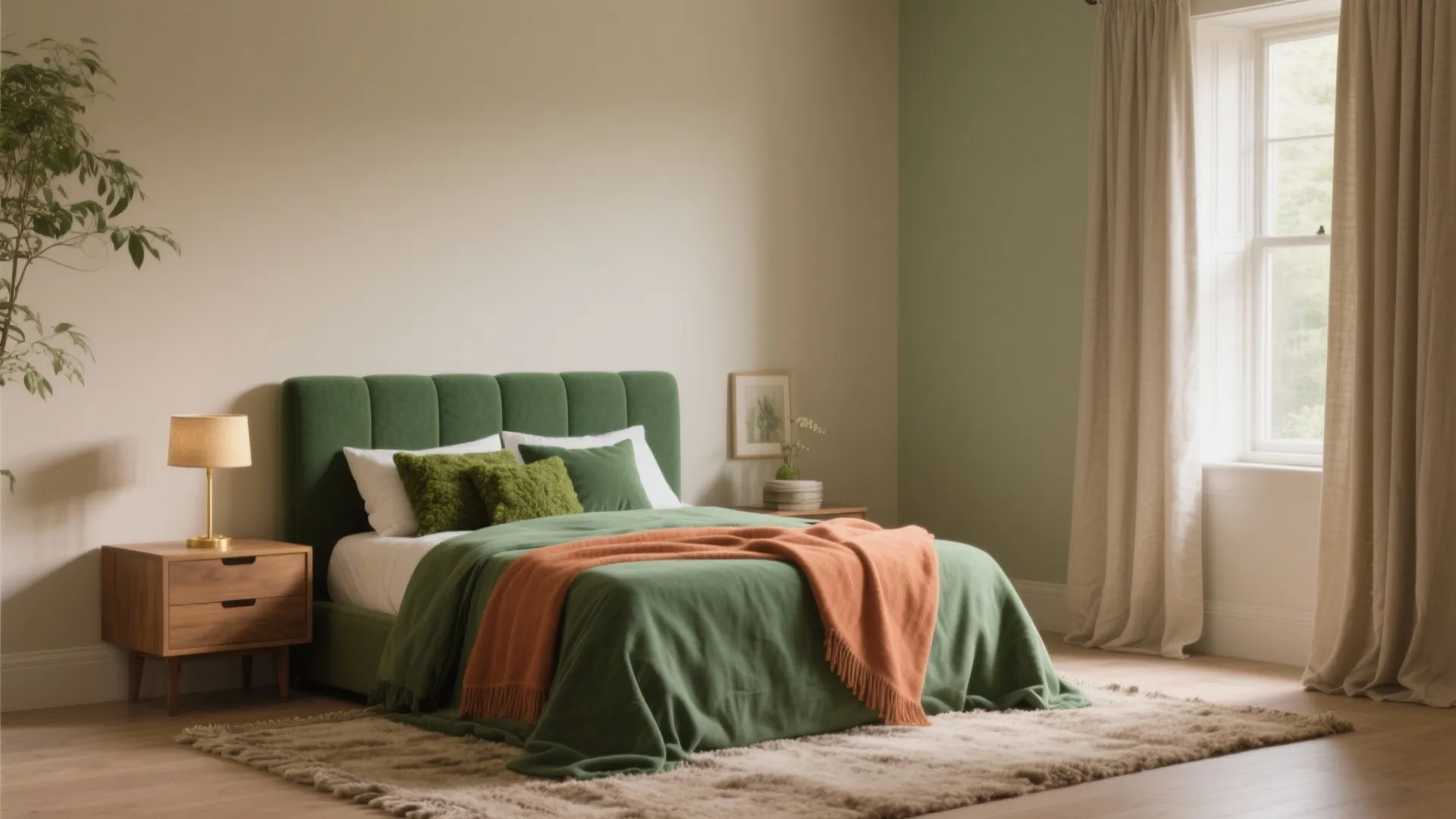 2. Layered Greens with Warm Neutrals