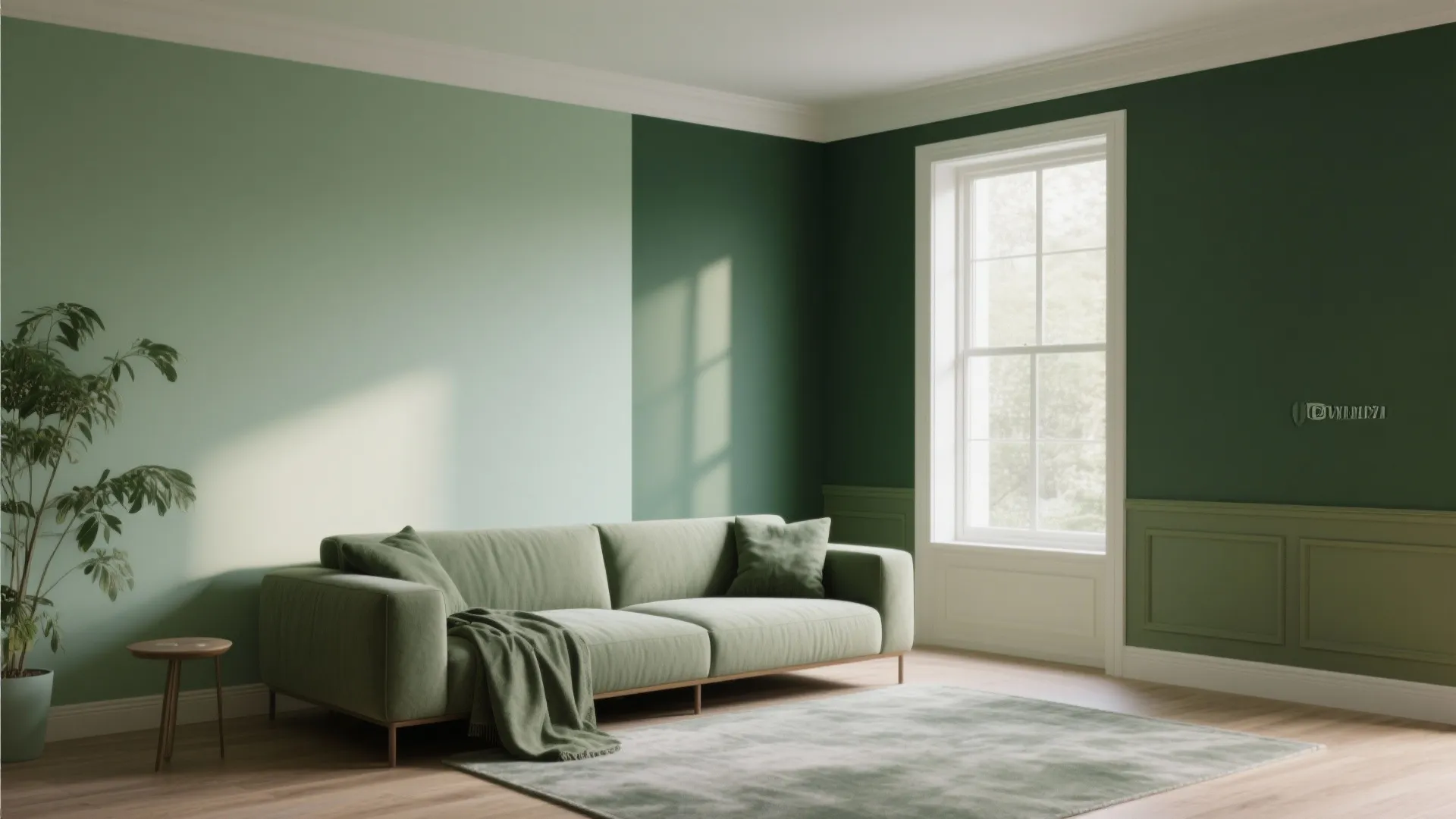 Living area with adjacent soft sage and deep forest accent walls creating depth.