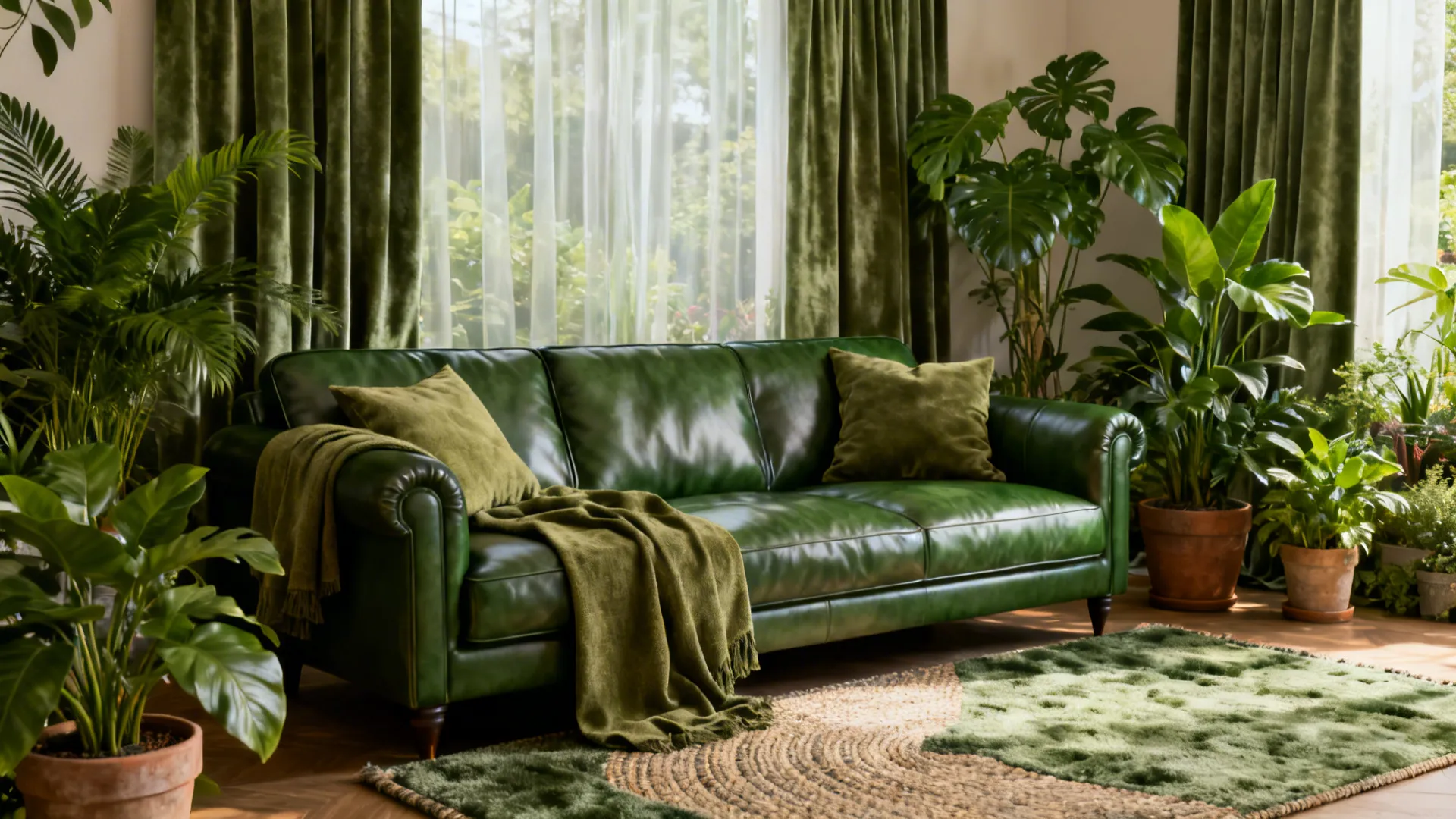 Green leather sofa decorated with plants green curtain soft blanket and rug in bright room