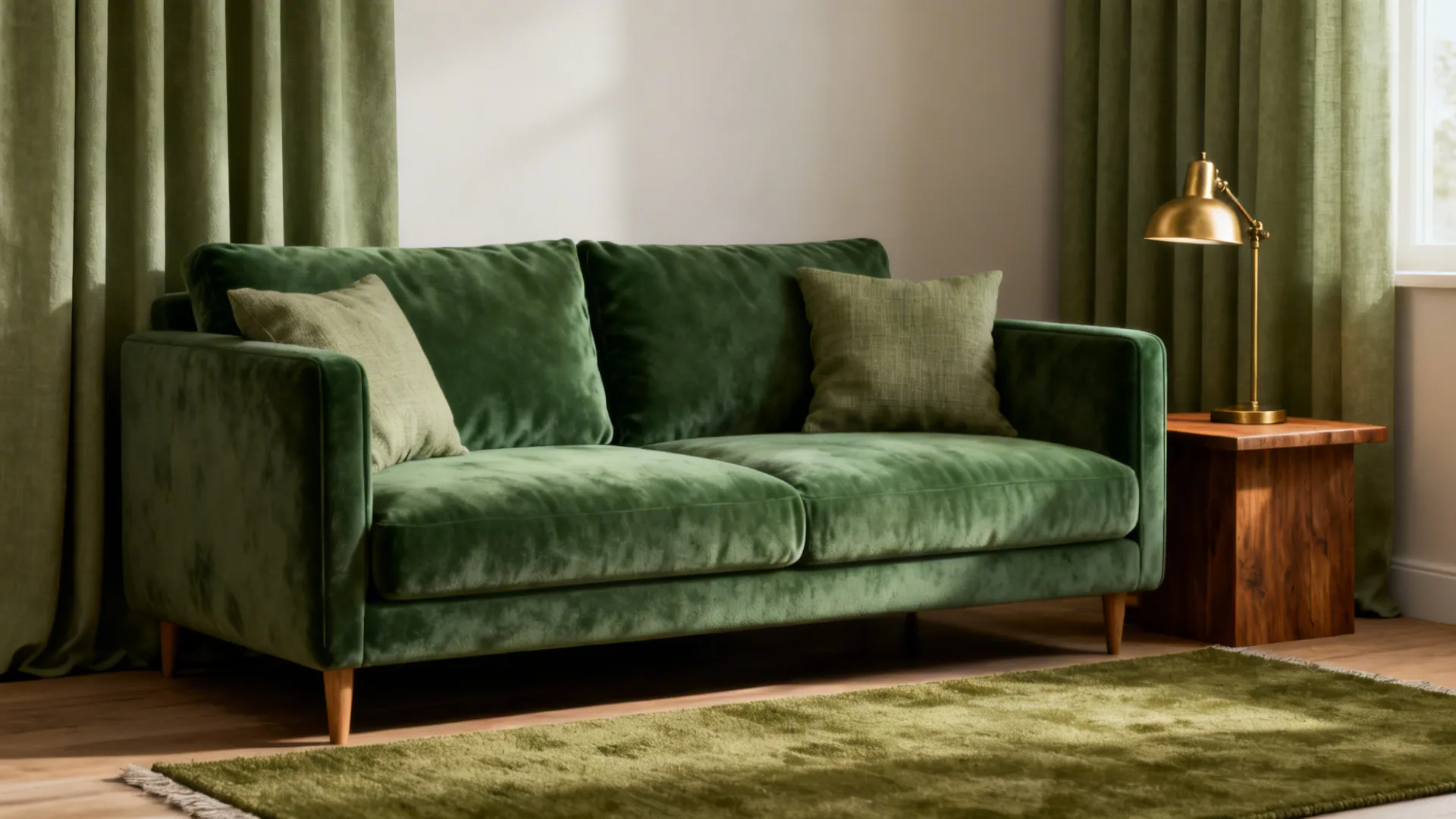 Small living room with an emerald sofa, sage curtains, olive rug and warm wood accents.