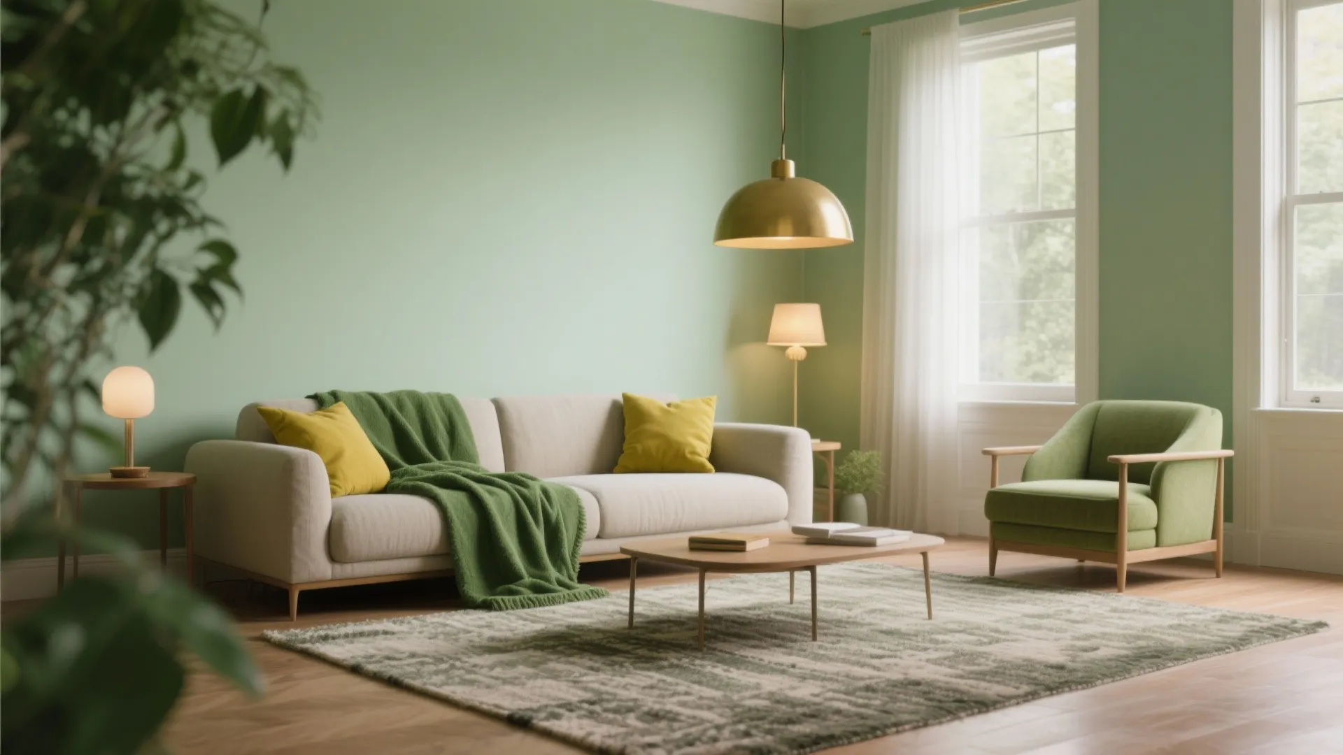 Living room with multiple light green shades layered via walls, throws and cushions