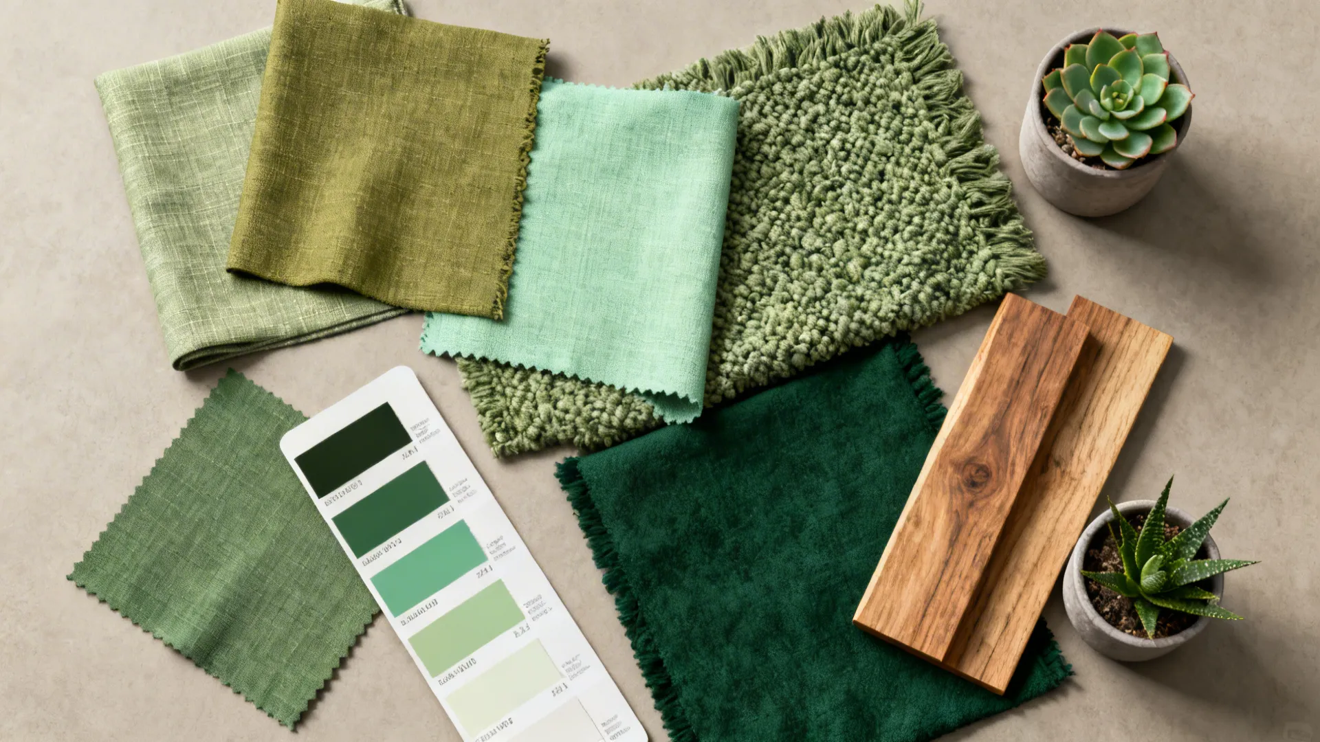 Top-down flatlay of green fabric swatches and paint chips from sage to olive