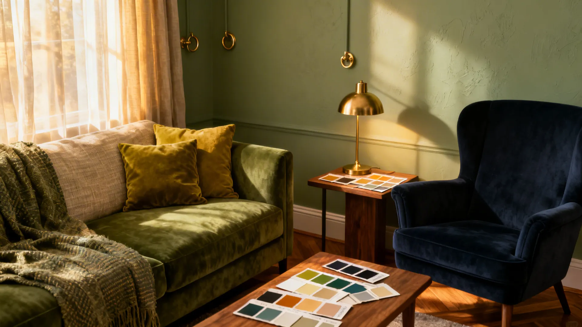 Sage walls and moss sofa balanced by a deep navy armchair with wood and brass accents