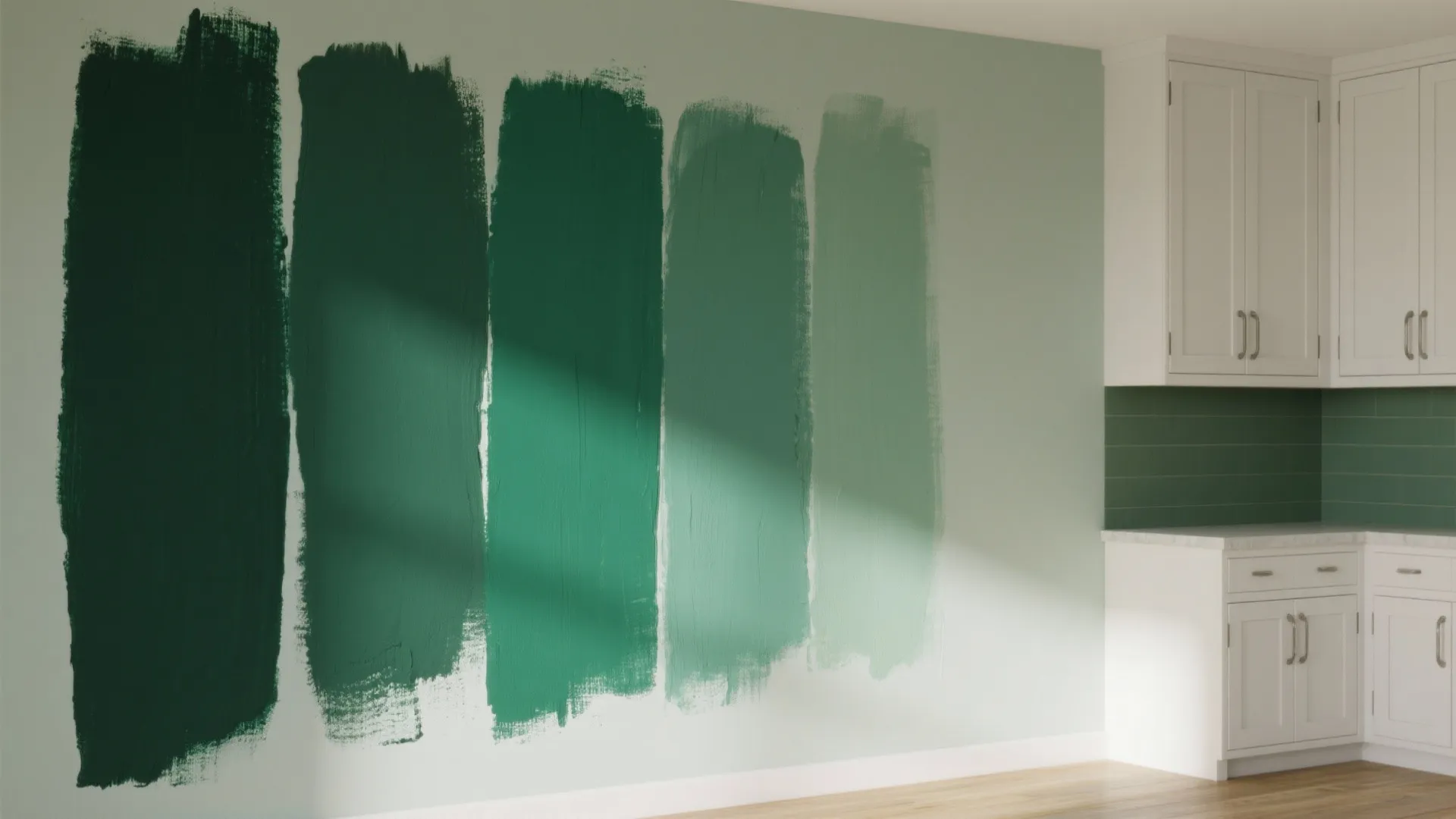 Wall showing deep emerald and soft sage paint samples above white shaker cabinets.