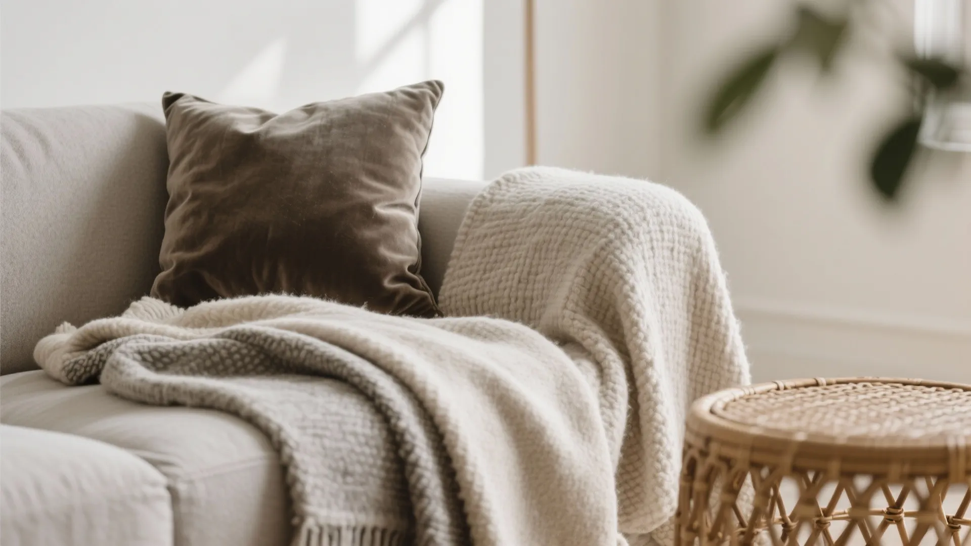 Close-up of layered fabrics and textures in greige tones