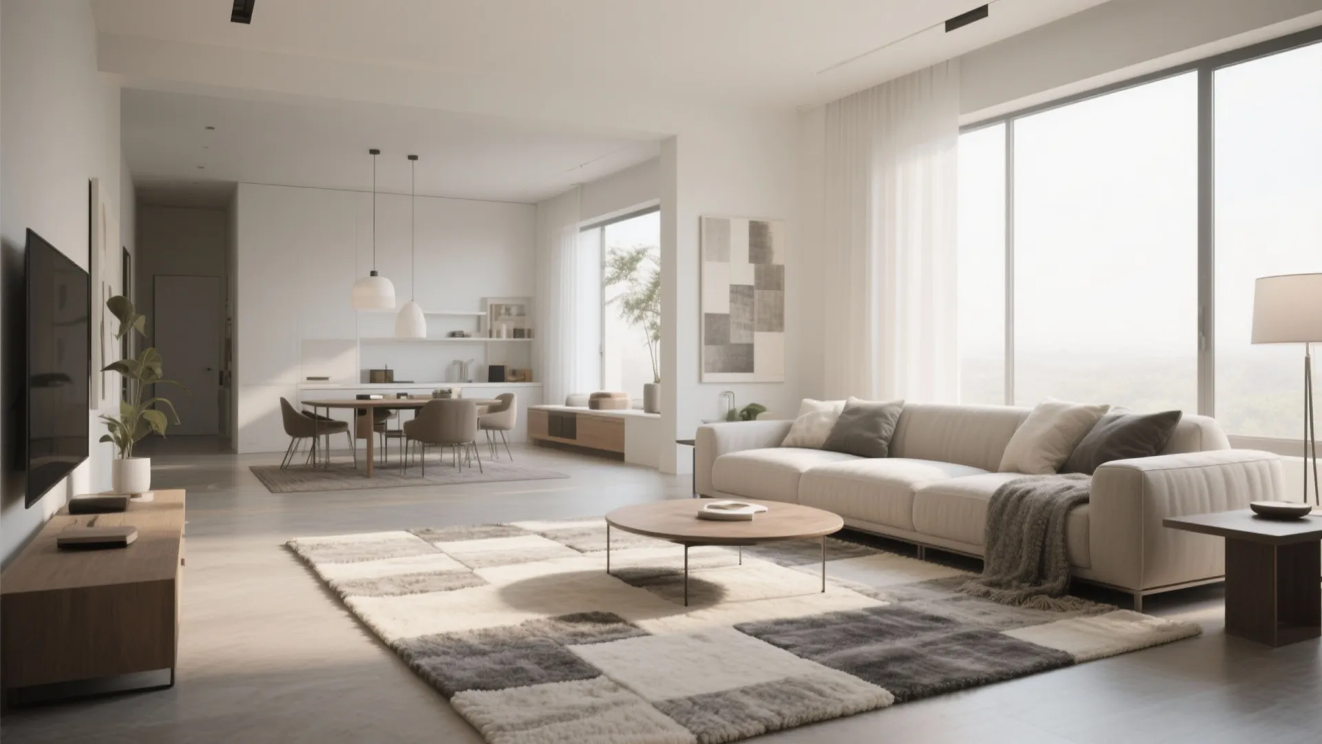 Layered grey and cream rugs in an open living room