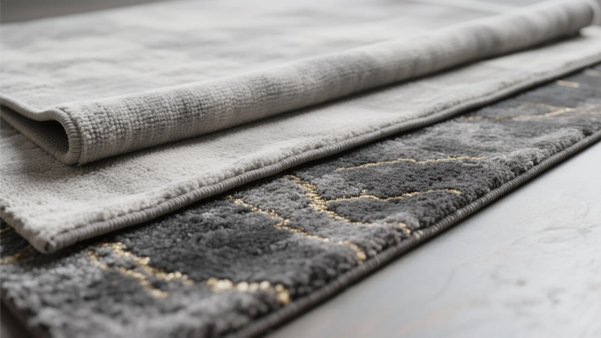 4. Layered Grey Rugs with Gold Threading