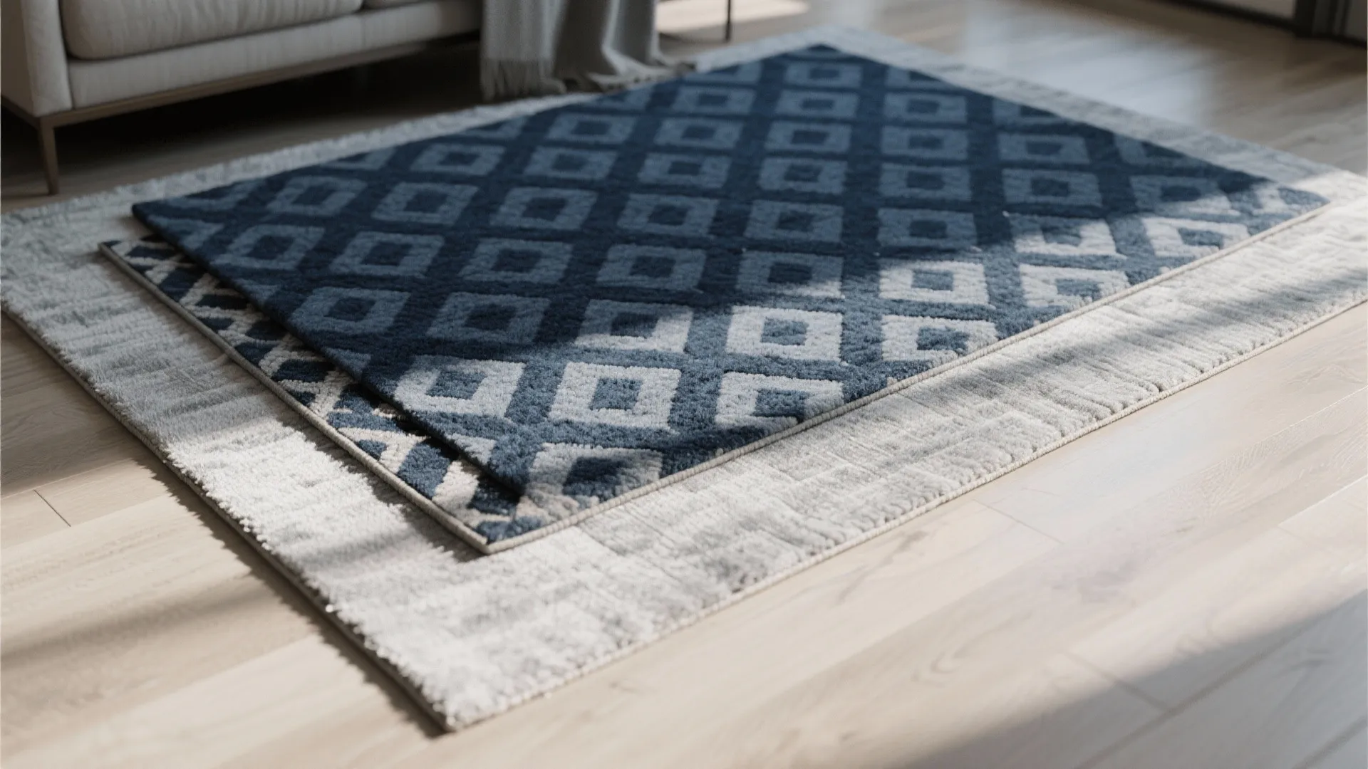 3. Layered Rugs in Grey and Navy Patterns