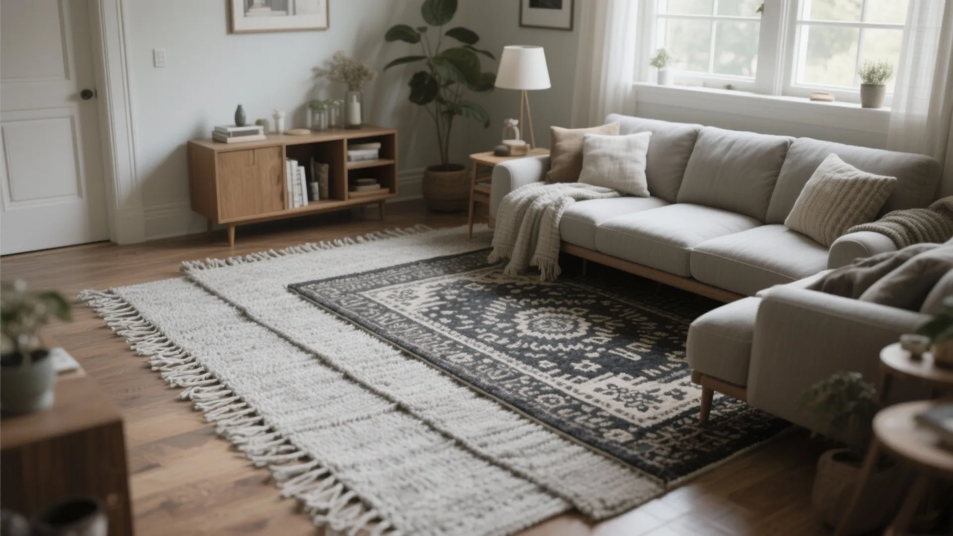 Layered grey rugs define a cozy seating area