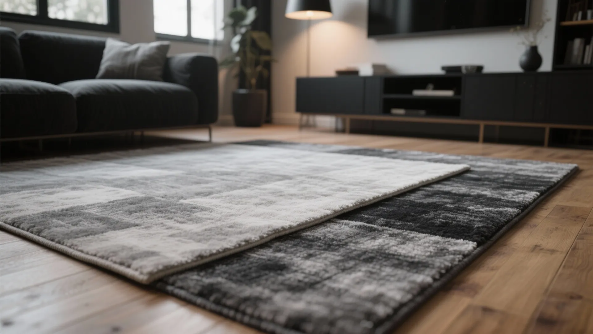 4. Layered Grey Rugs