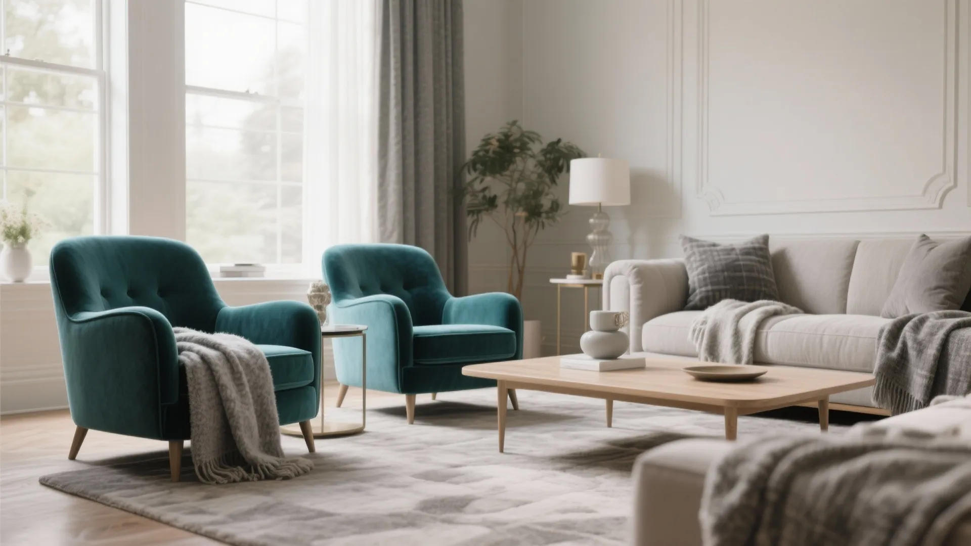 Living room with teal velvet chairs and grey wool throws