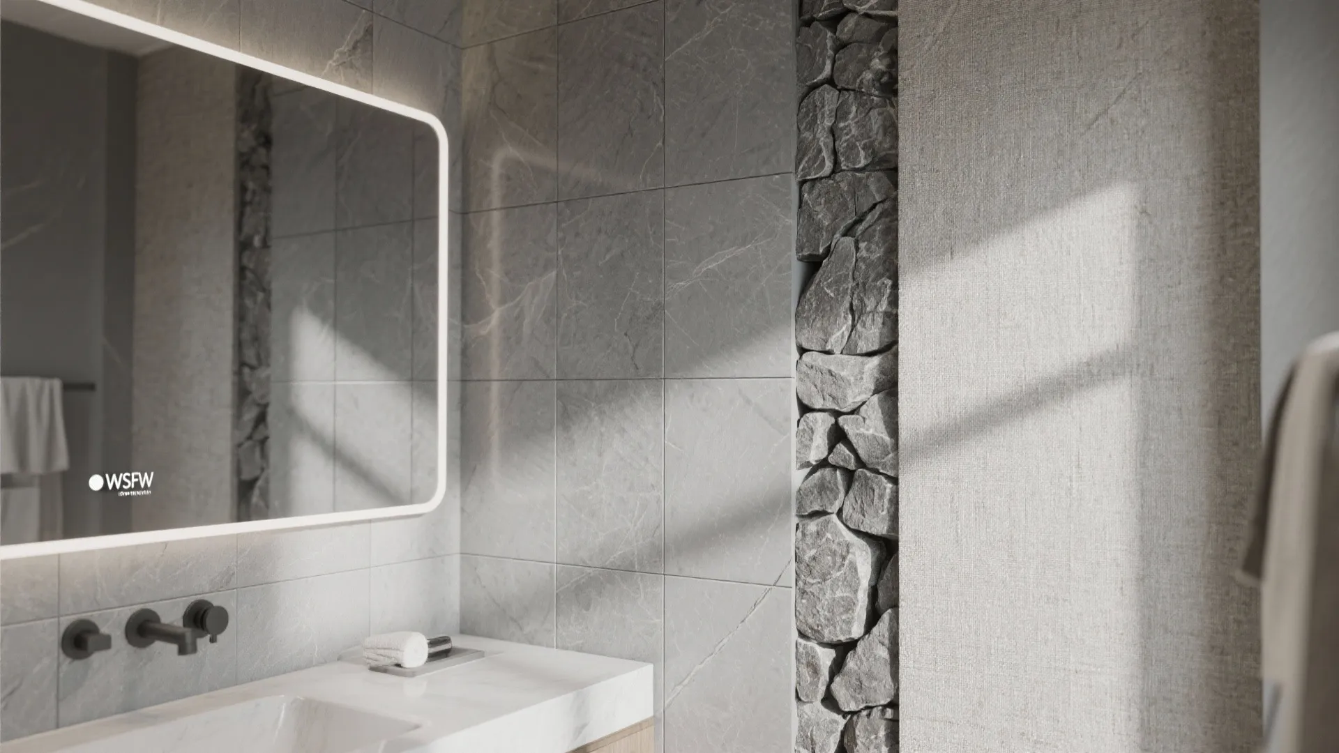 Bathroom wall with layered grey surfaces: large grey slabs and a vertical textured tile strip.