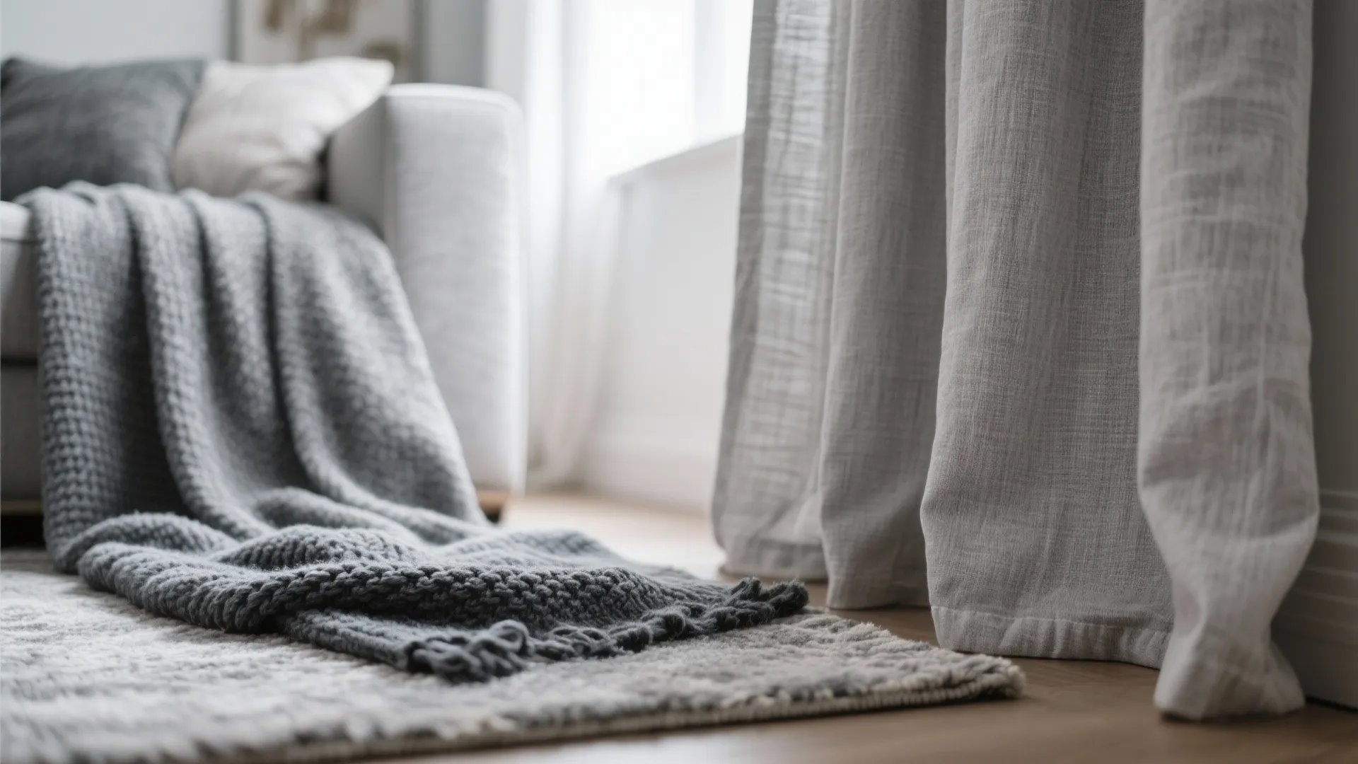 Close up of gray knitted blanket on the floor next to light gray hanging curtain