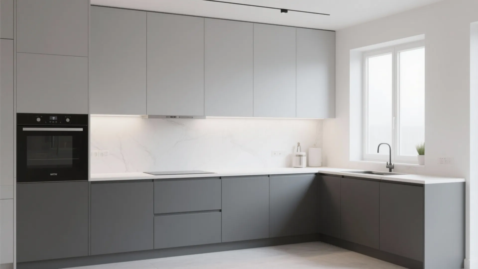 Modern grey kitchen with dark lower cabinets light upper cabinets white marble backsplash and black oven