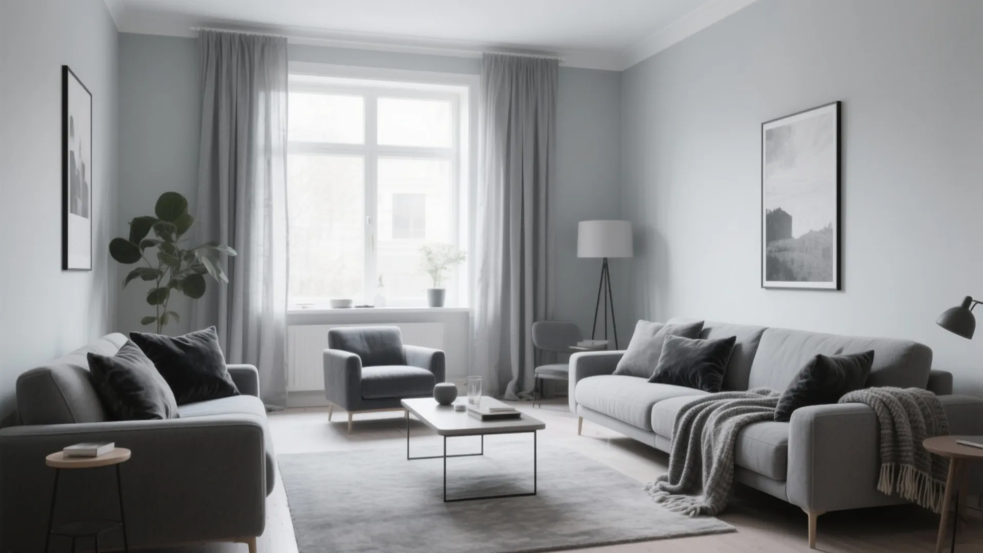 Bright minimalist living room with grey sofa armchair curtains coffee table grey rug and large window