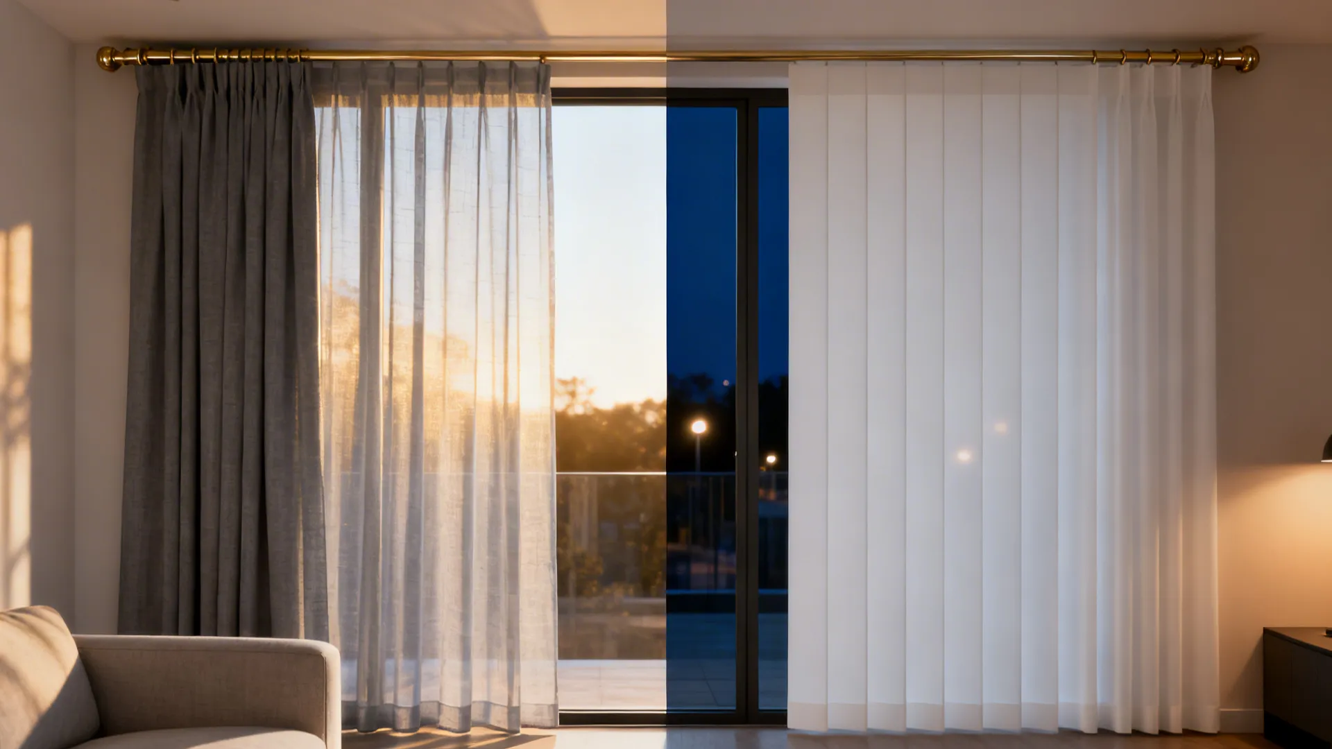 Split view showing grey curtains during daytime and white curtains during nighttime in a living room