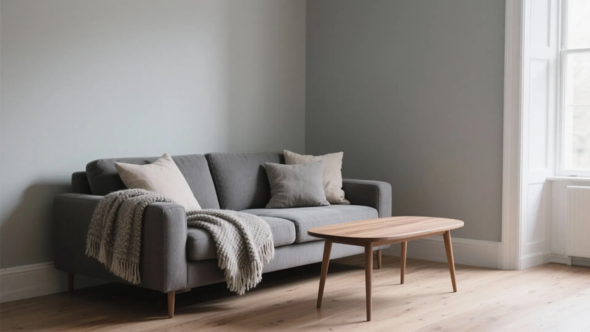 Minimalist grey sofa with throw pillows and blanket next to a wooden coffee table setup