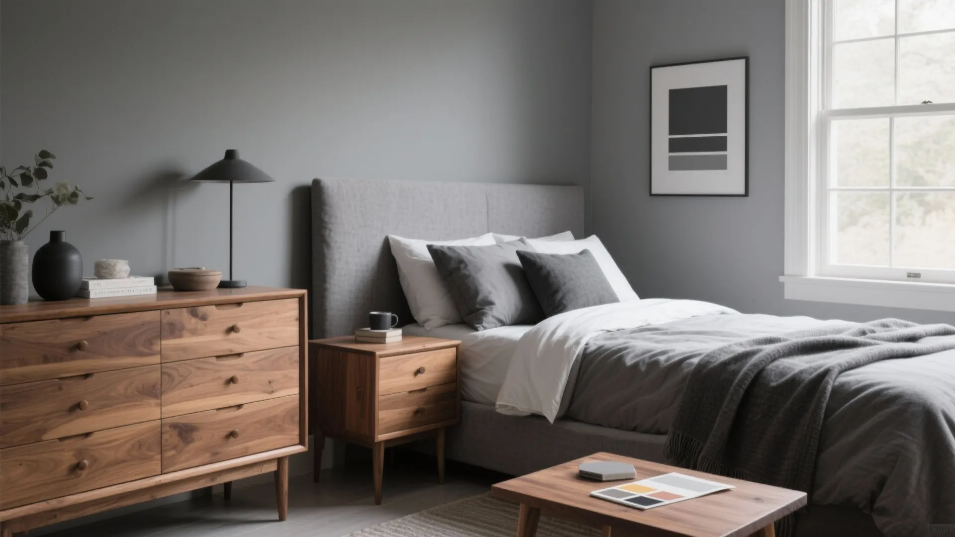 Grey bedroom with a wood dresser side table bed window and a piece of art