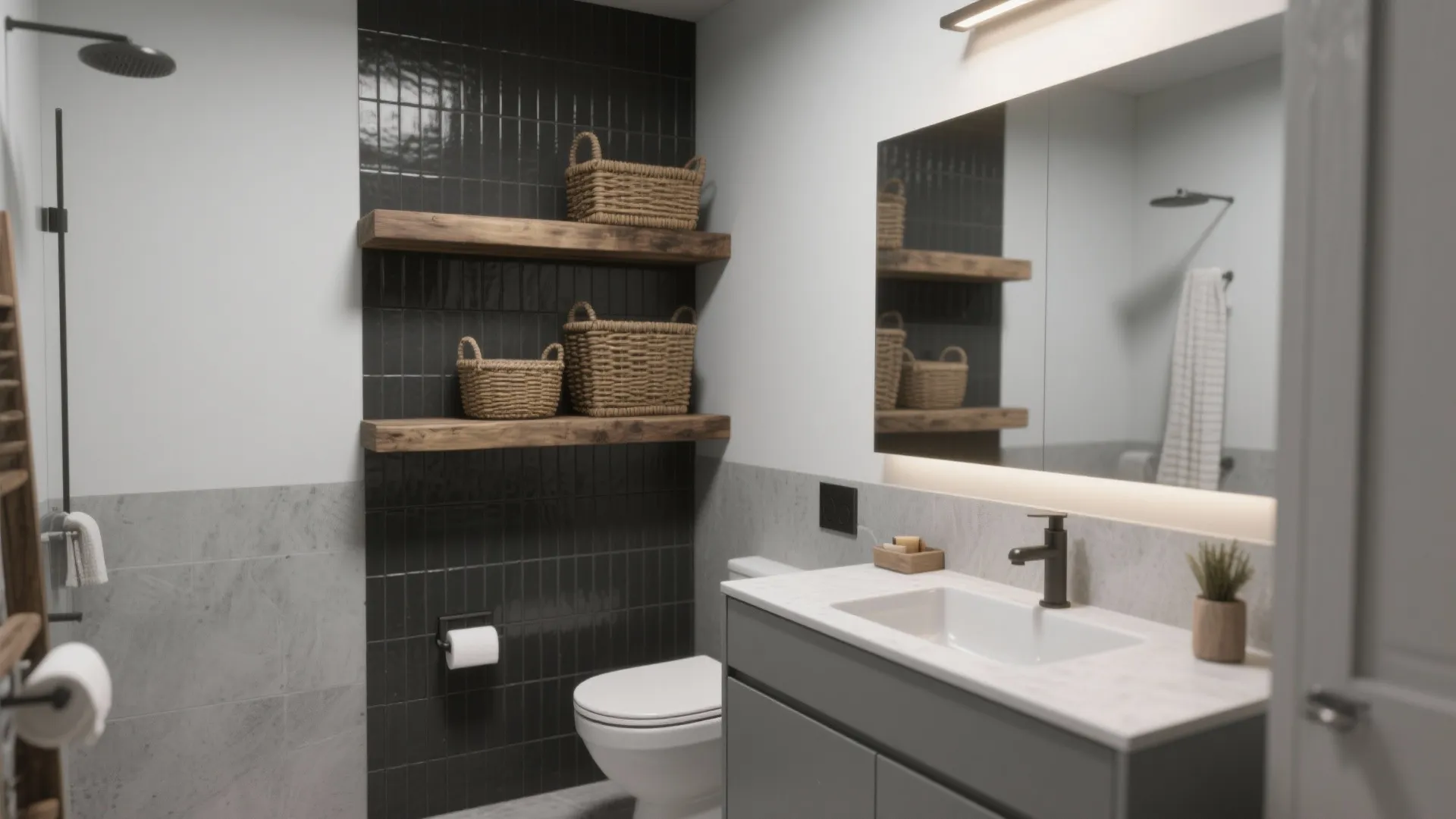 Modern bathroom design with gray tiles, wooden shelves, woven baskets, white toilet, and gray vanity