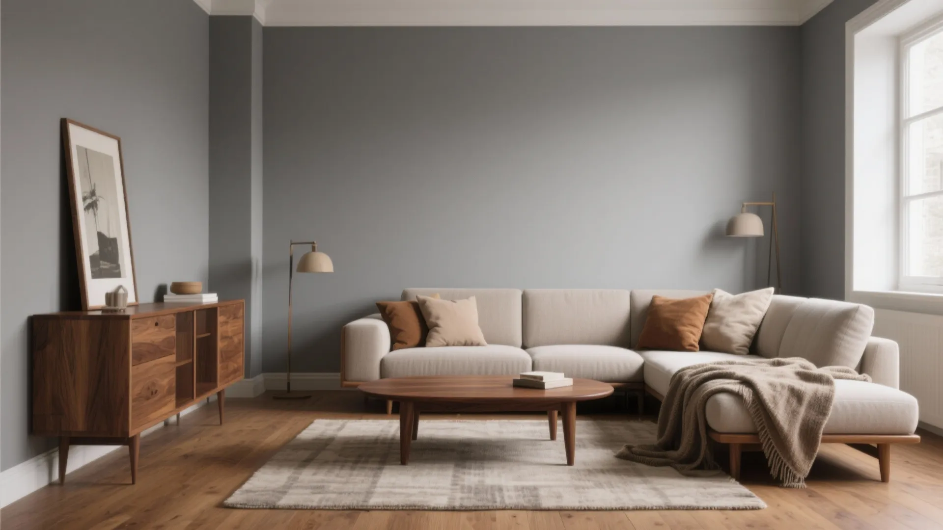 1. Layered Greys with Warm Wood