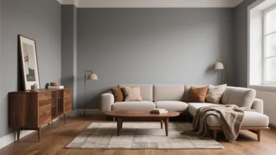 Modern Living Room with Gray Walls & Wood Accents