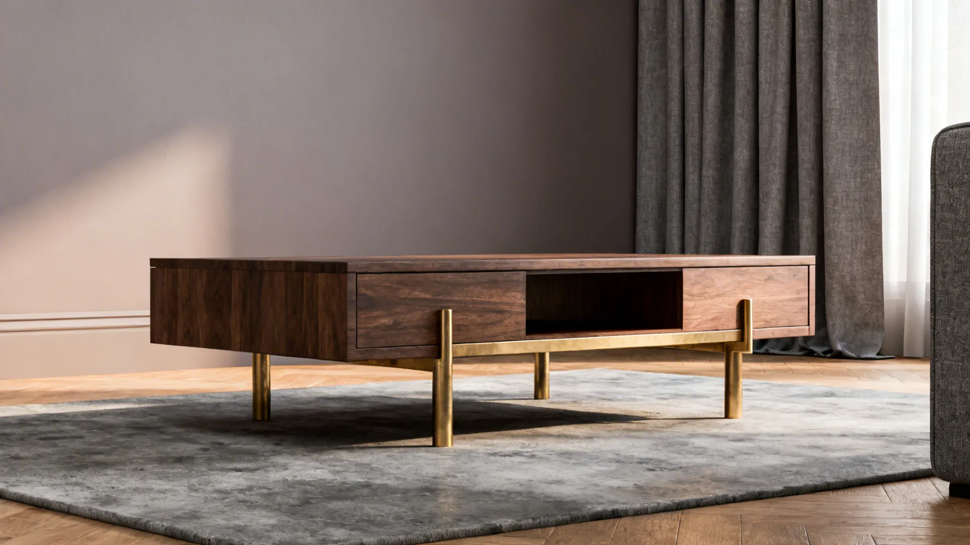 Room showing layered greys: dove-grey wall, concrete-grey rug and mid-grey curtains with warm wood accents.