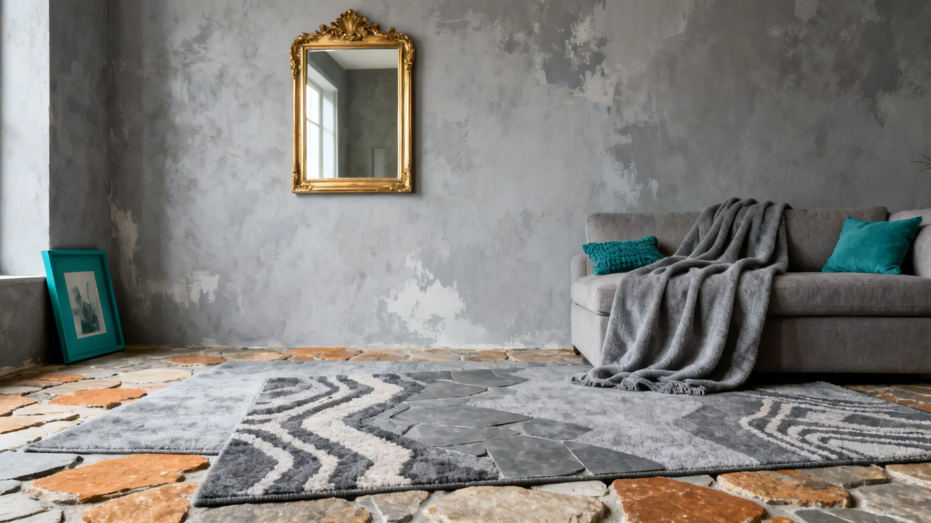 Living room showcasing layered grey rugs, mid-tone grey walls and gold-framed mirror with teal accents.