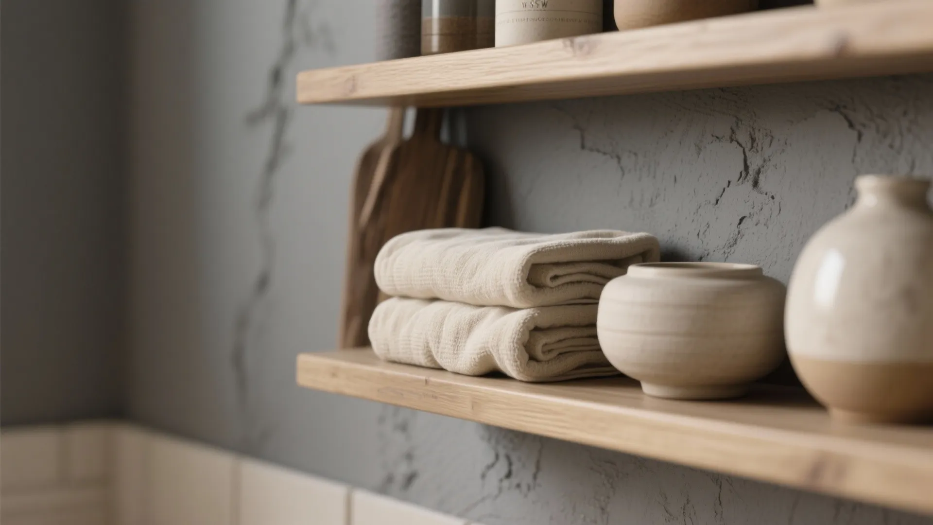 Close-up of mid-grey wall with oak shelf and beige towels showing texture and warmth