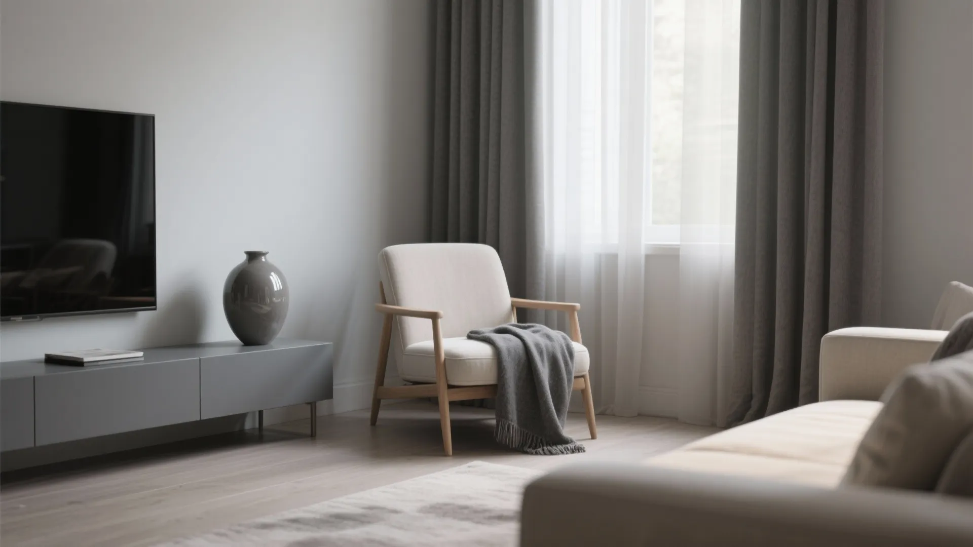 2. Layered Greys with Cream Curtains