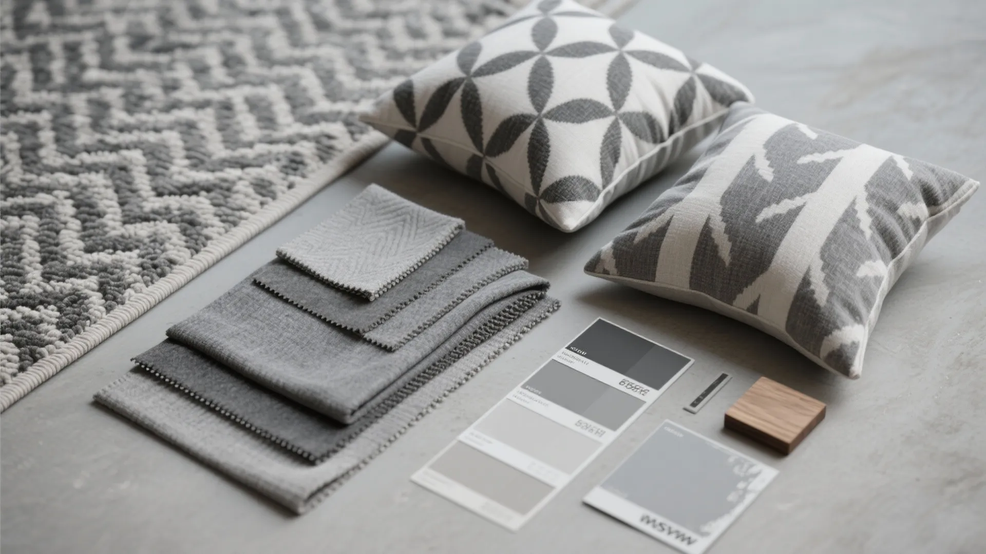 Interior design material board showing grey fabric samples, two patterned pillows, and grey color palettes