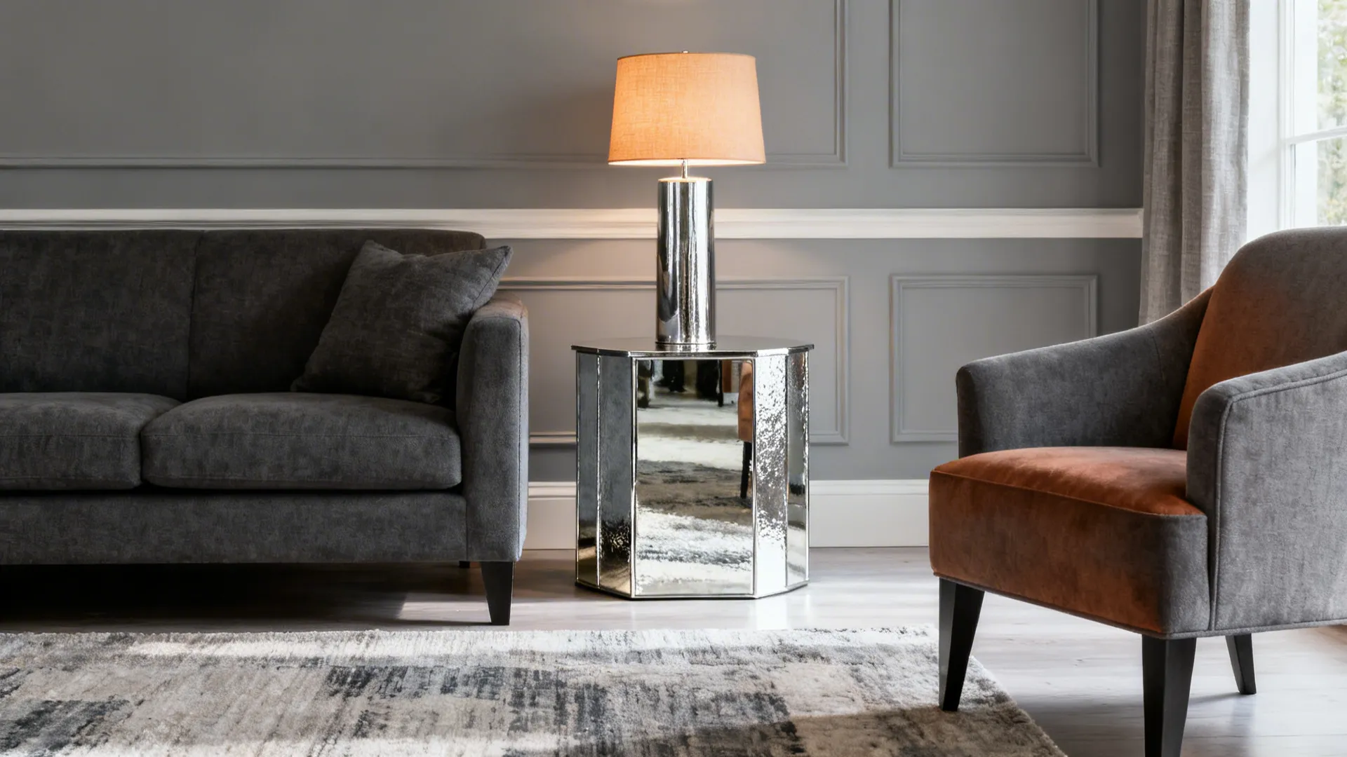 Living room with three grey tones and a single silver side table as a statement piece.