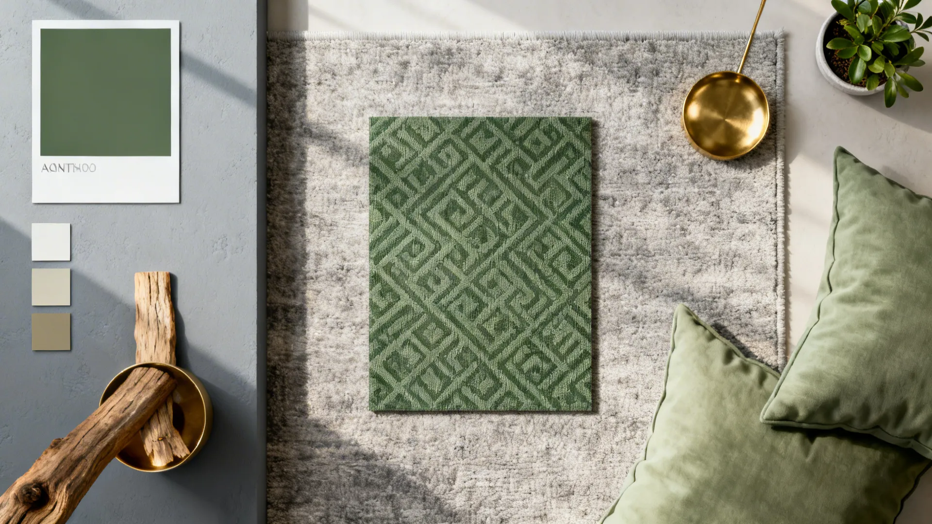 Flatlay of grey and sage textile swatches, fabric samples, brass and wood accents.