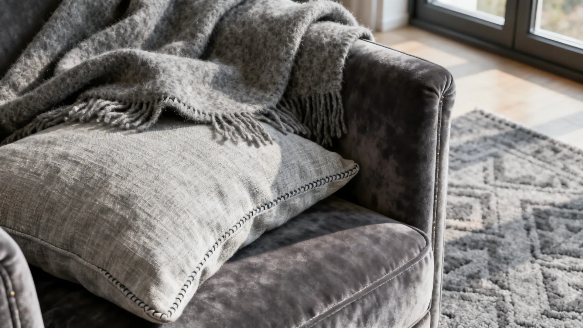 Close-up of layered grey textiles: wool throw, linen cushion, velvet armchair and patterned rug.