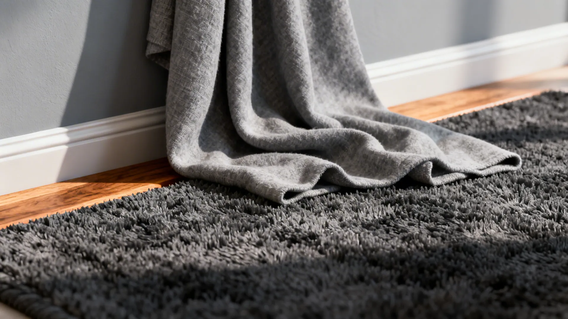 Close-up of layered grey fabrics and textures with warm wood accents