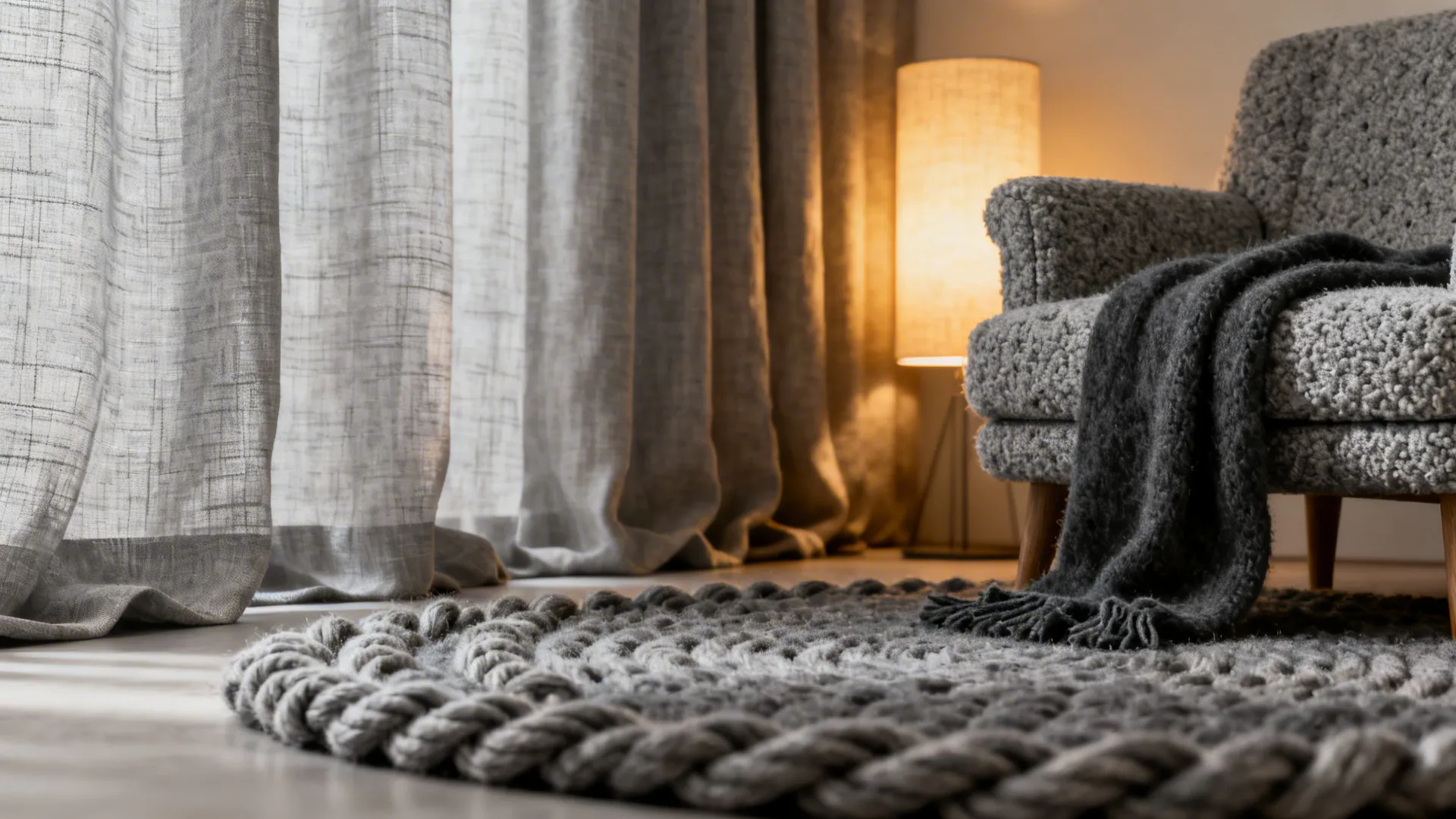 Cozy room detail with textured grey rug soft armchair warm floor lamp and long curtains
